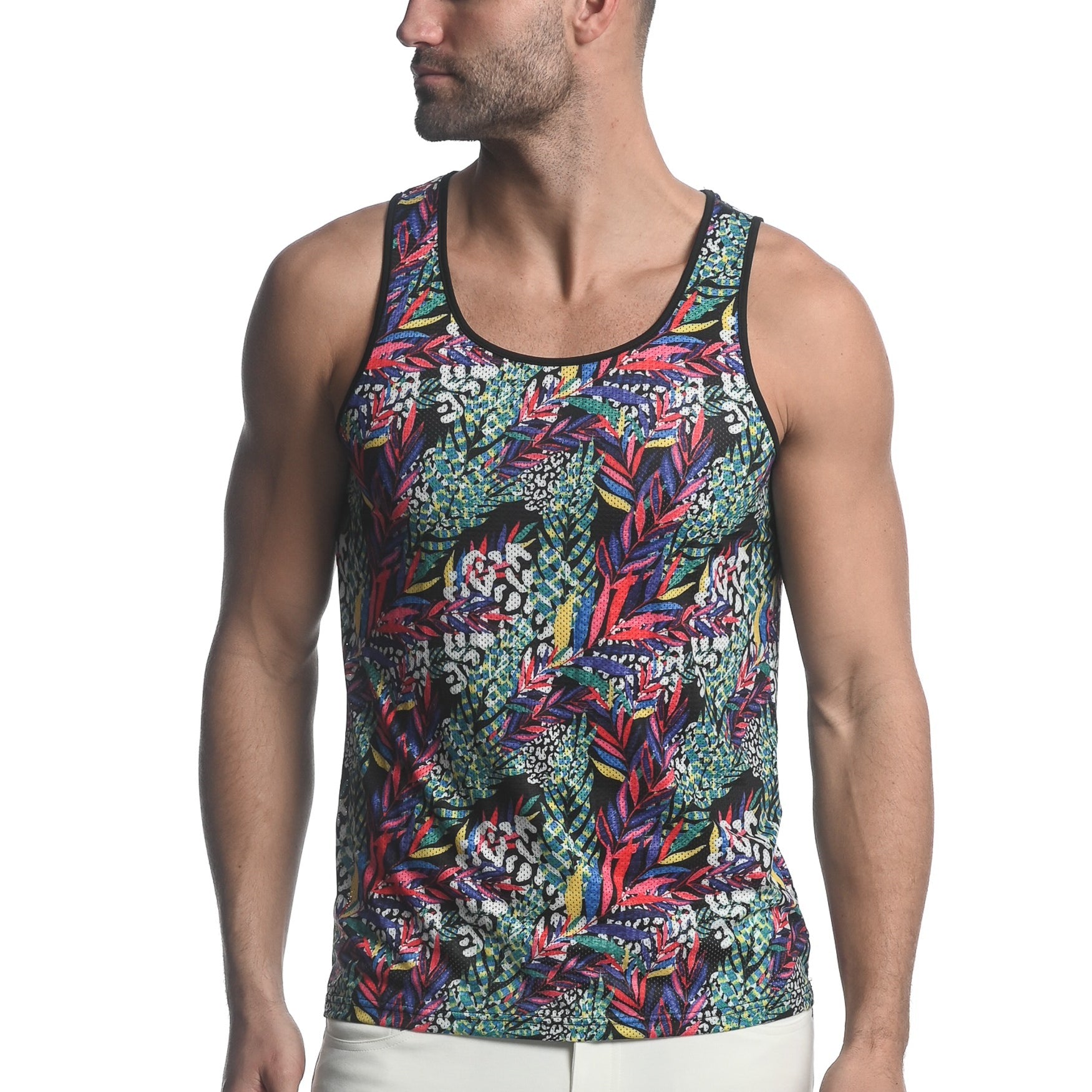 RAINBOW JUNGLE ABSTRACT PRINTED STRETCH MESH SINGLET ST-11087