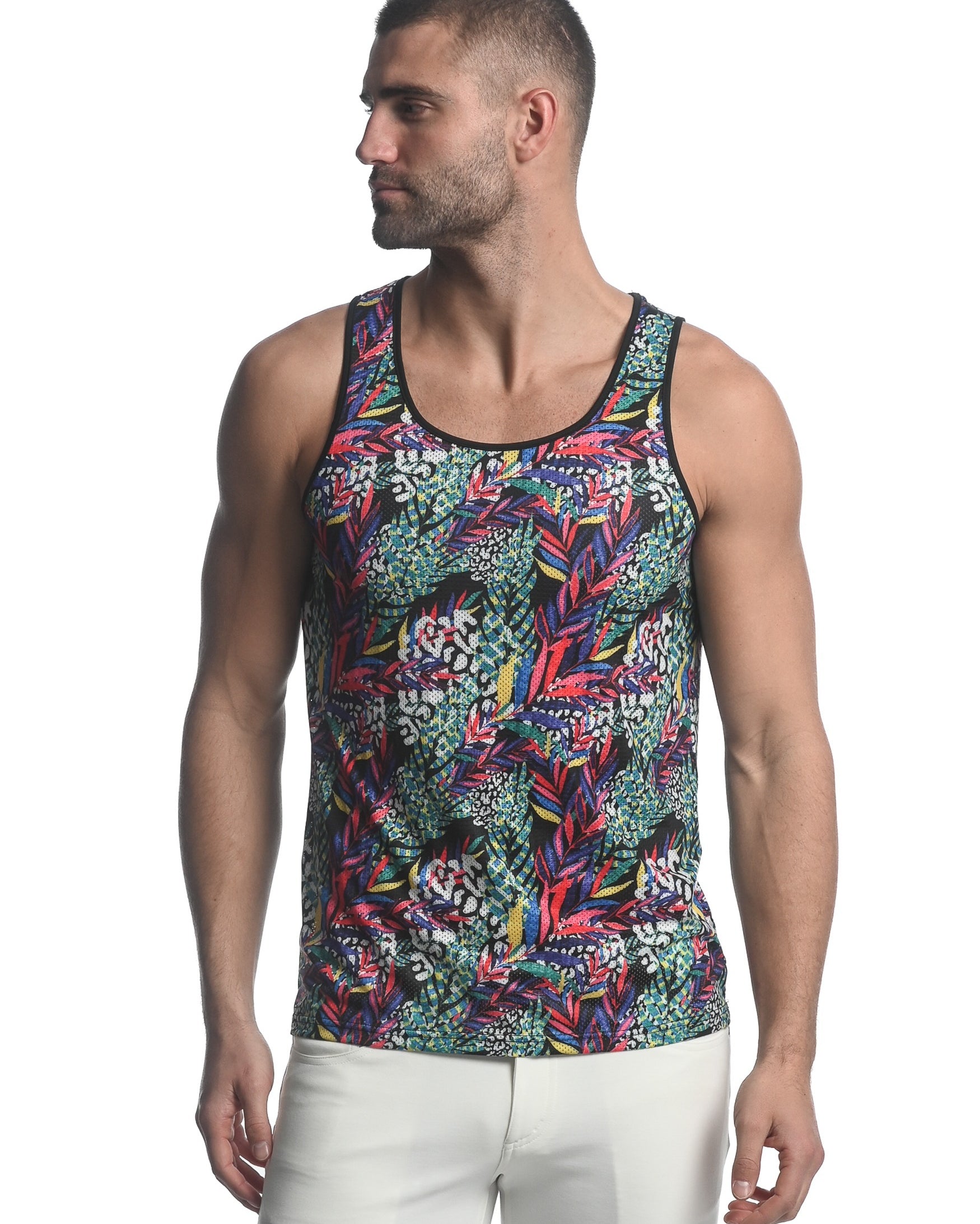RAINBOW JUNGLE ABSTRACT PRINTED STRETCH MESH SINGLET ST-11087