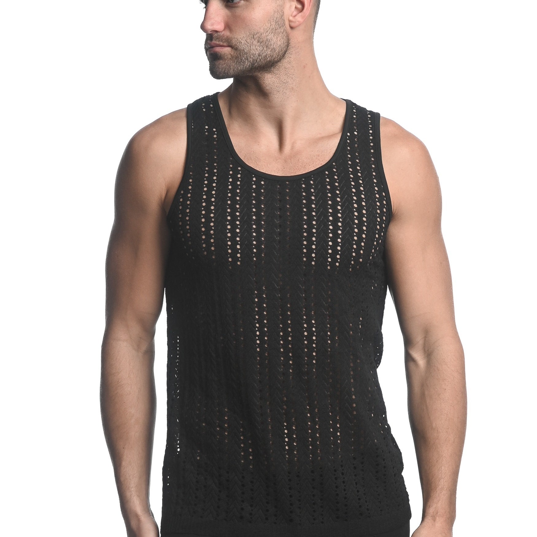 BLACK MICRO ARROWS STRETCH GOSSAMER KNIT SINGLET ST-24202
