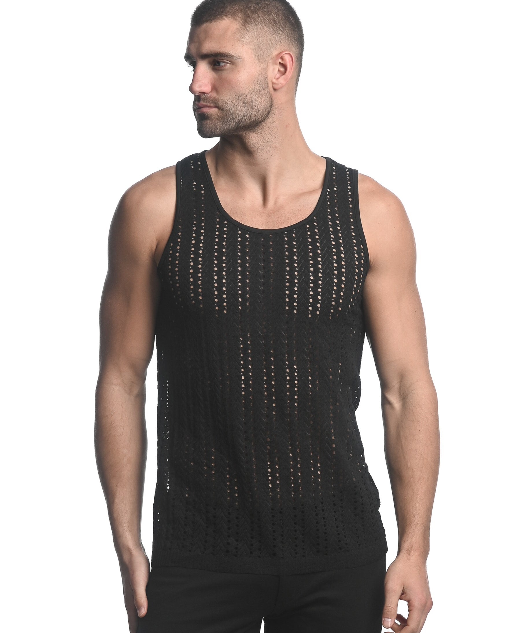 BLACK MICRO ARROWS STRETCH GOSSAMER KNIT SINGLET ST-24202