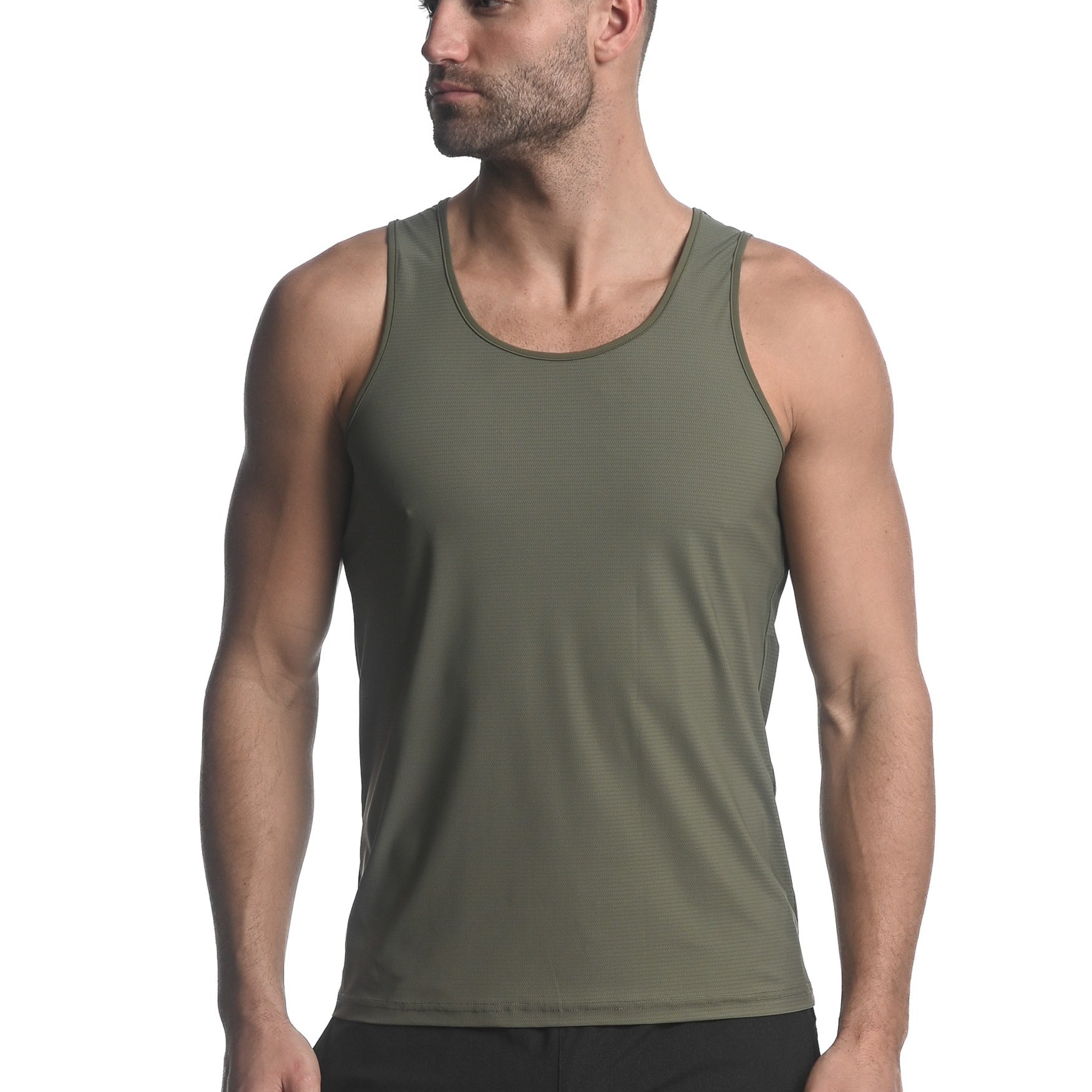 OLIVE TEXTURED STRETCH MESH PERFORMANCE SINGLET ST-279