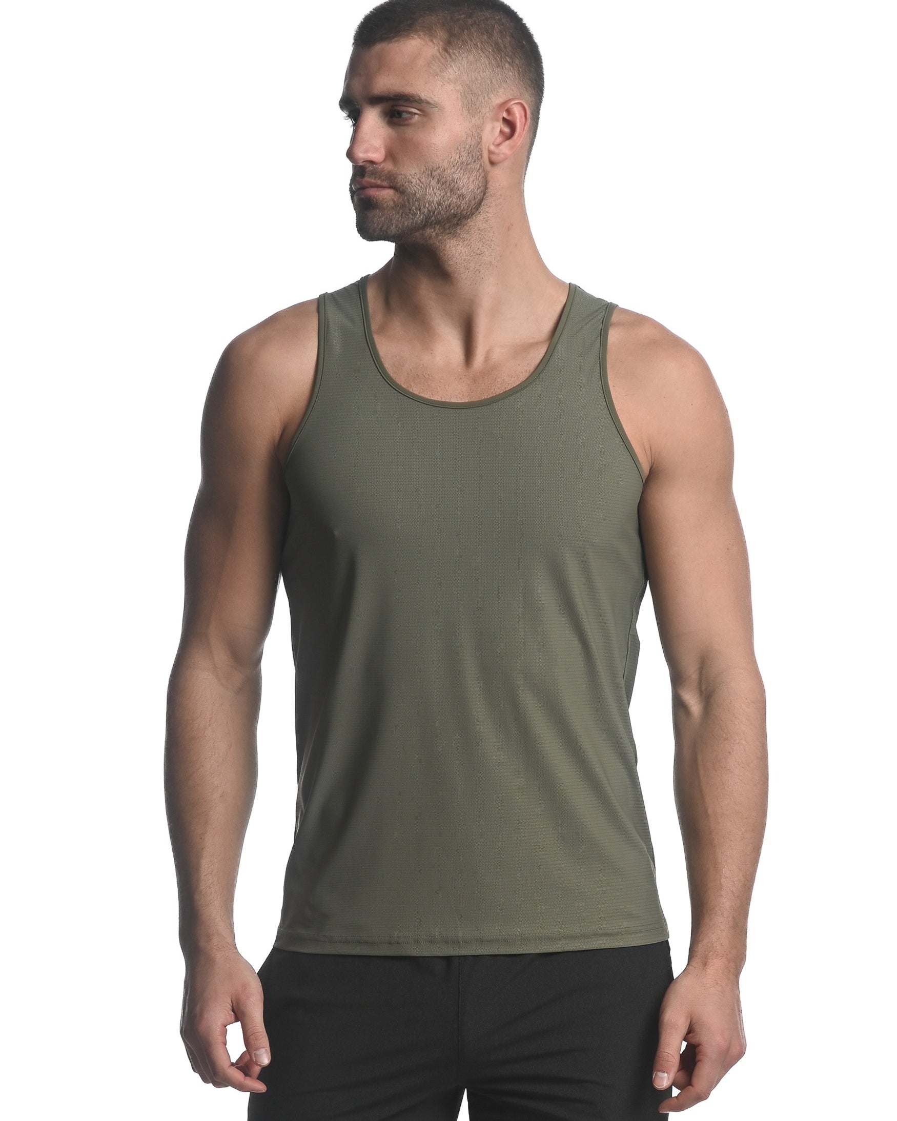 OLIVE TEXTURED STRETCH MESH PERFORMANCE SINGLET ST-279