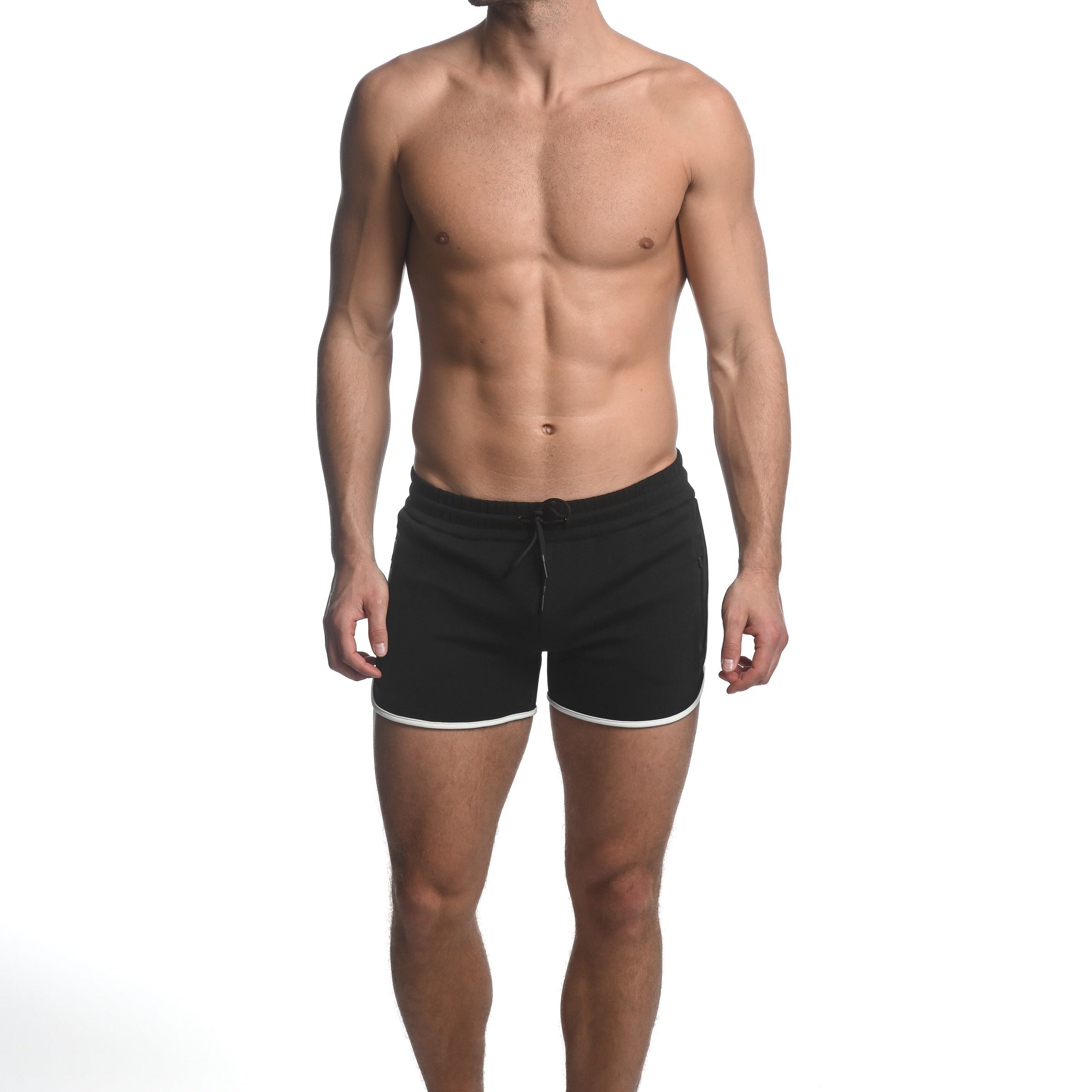 BLACK SPRINTER 3.5" INSEAM STRETCH GYM SHORTS W/ HEAT WELD ZIPPERS ST-10505