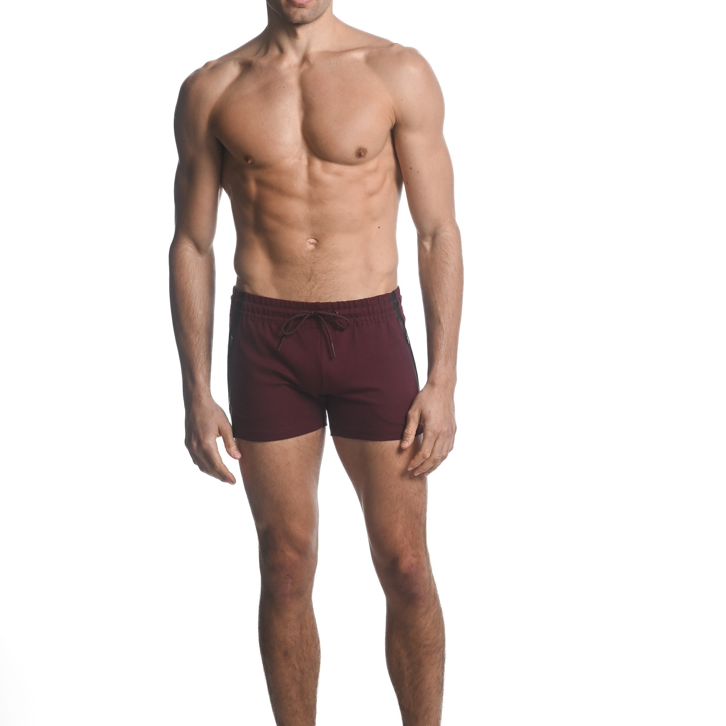 CURRANT RED ALPHA 3.5" INSEAM STRETCH GYM SHORTS W/ HEAT WELD ZIPPERS ST-10506