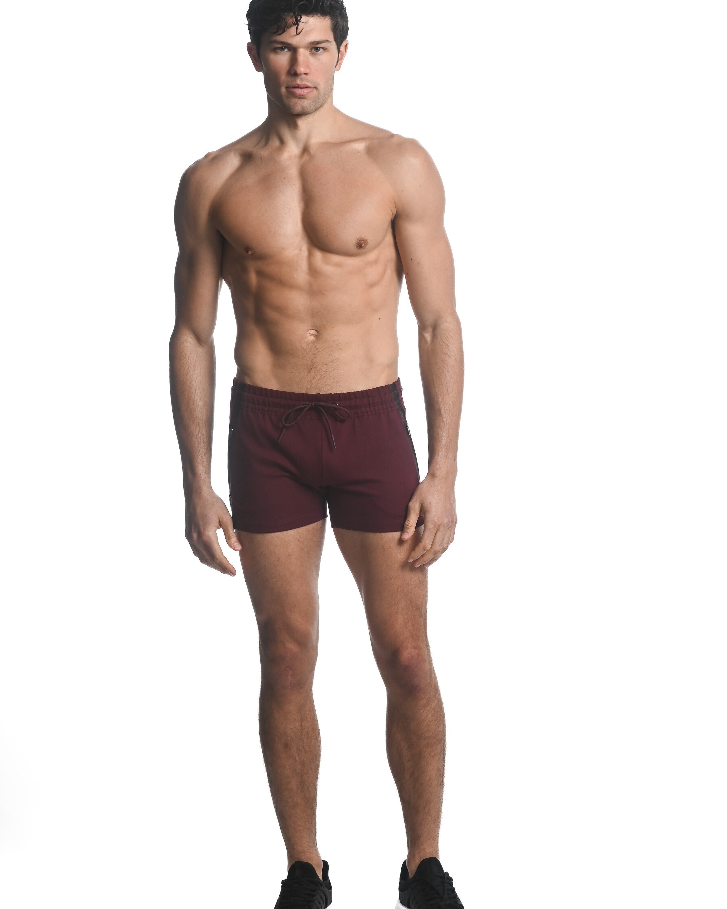 CURRANT RED ALPHA 3.5" INSEAM STRETCH GYM SHORTS W/ HEAT WELD ZIPPERS ST-10506