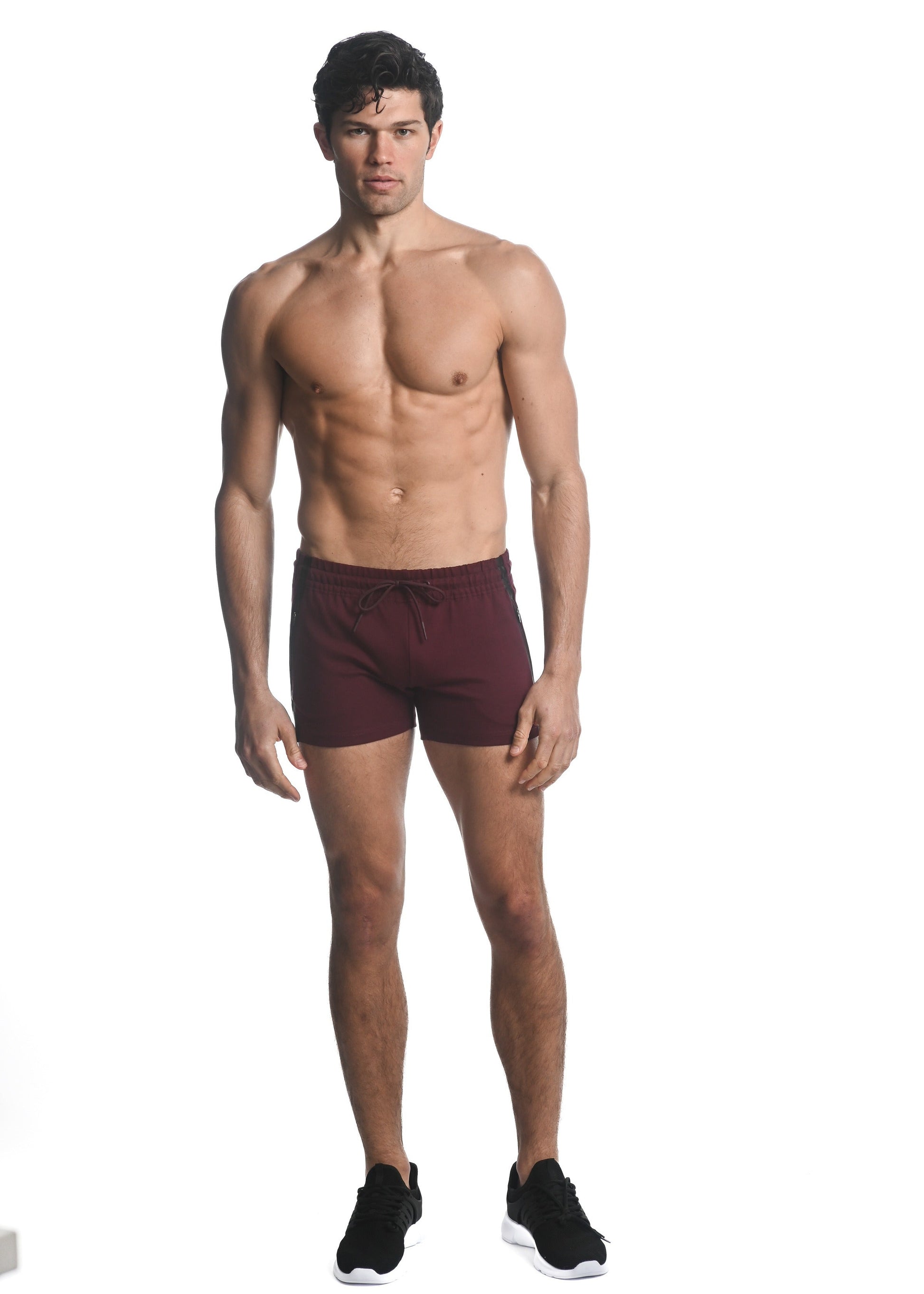 CURRANT RED ALPHA 3.5" INSEAM STRETCH GYM SHORTS W/ HEAT WELD ZIPPERS ST-10506
