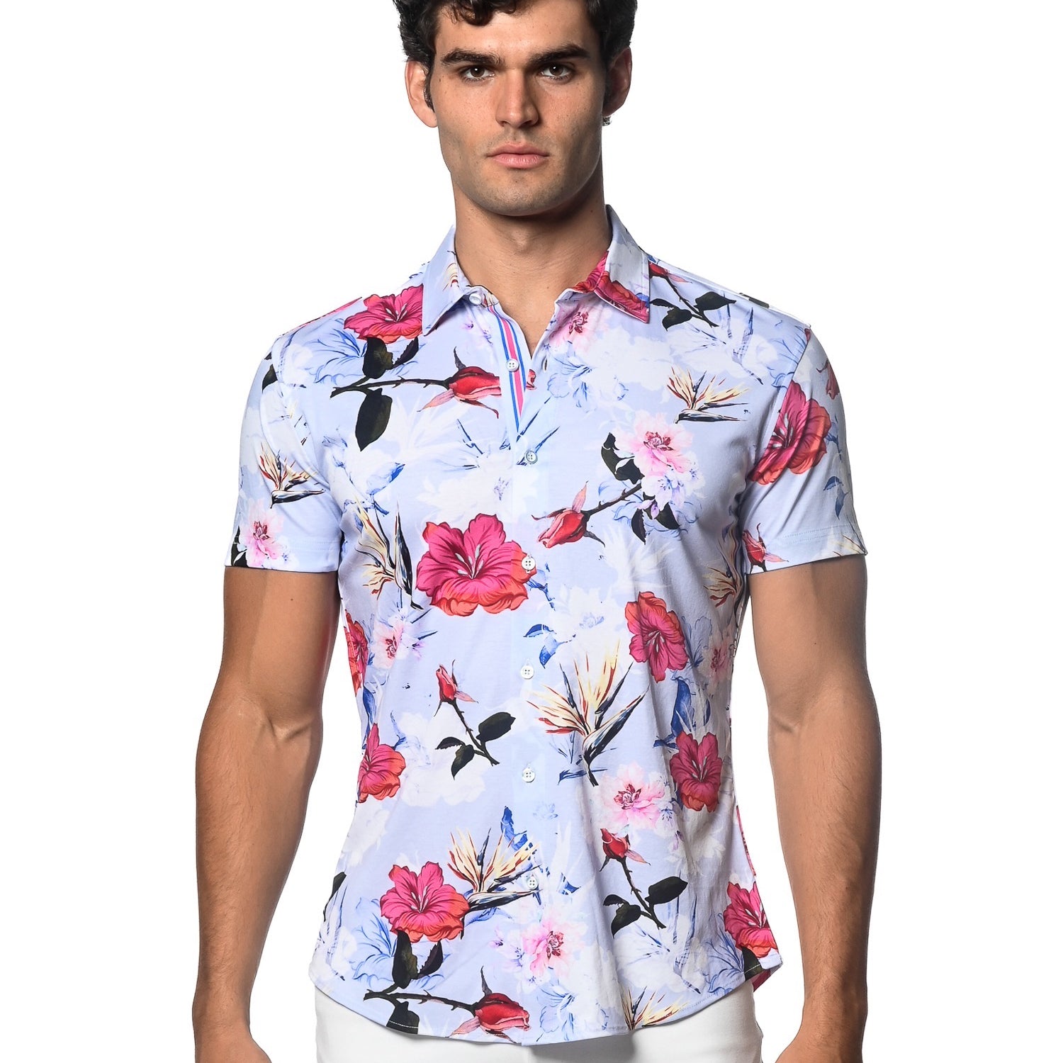 PERIWINKLE HIBISCUS PRINTED KNIT JERSEY SHORT SLEEVE SHIRT SEAMLESS PATTERN ST-9307