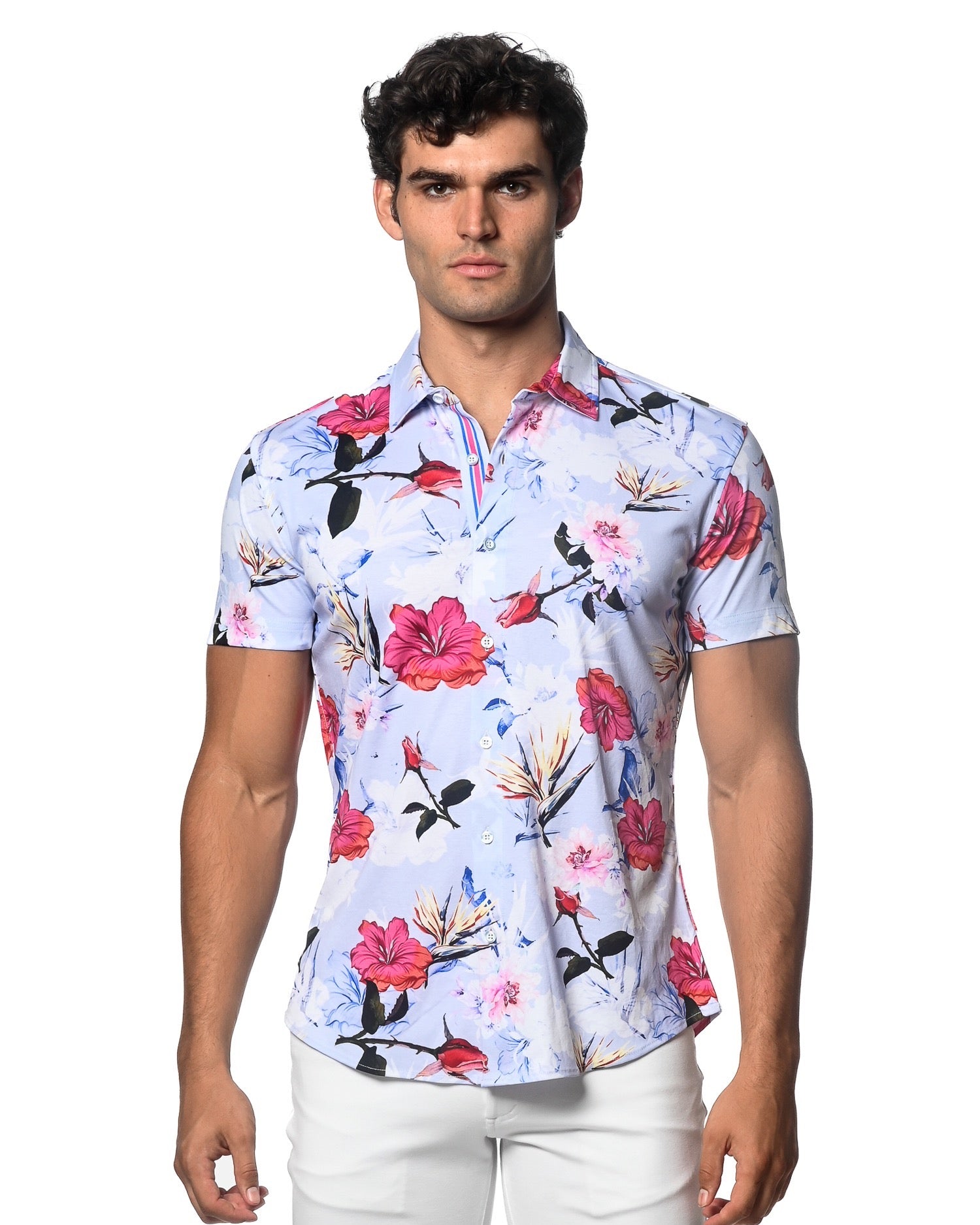 PERIWINKLE HIBISCUS PRINTED KNIT JERSEY SHORT SLEEVE SHIRT SEAMLESS PATTERN ST-9307