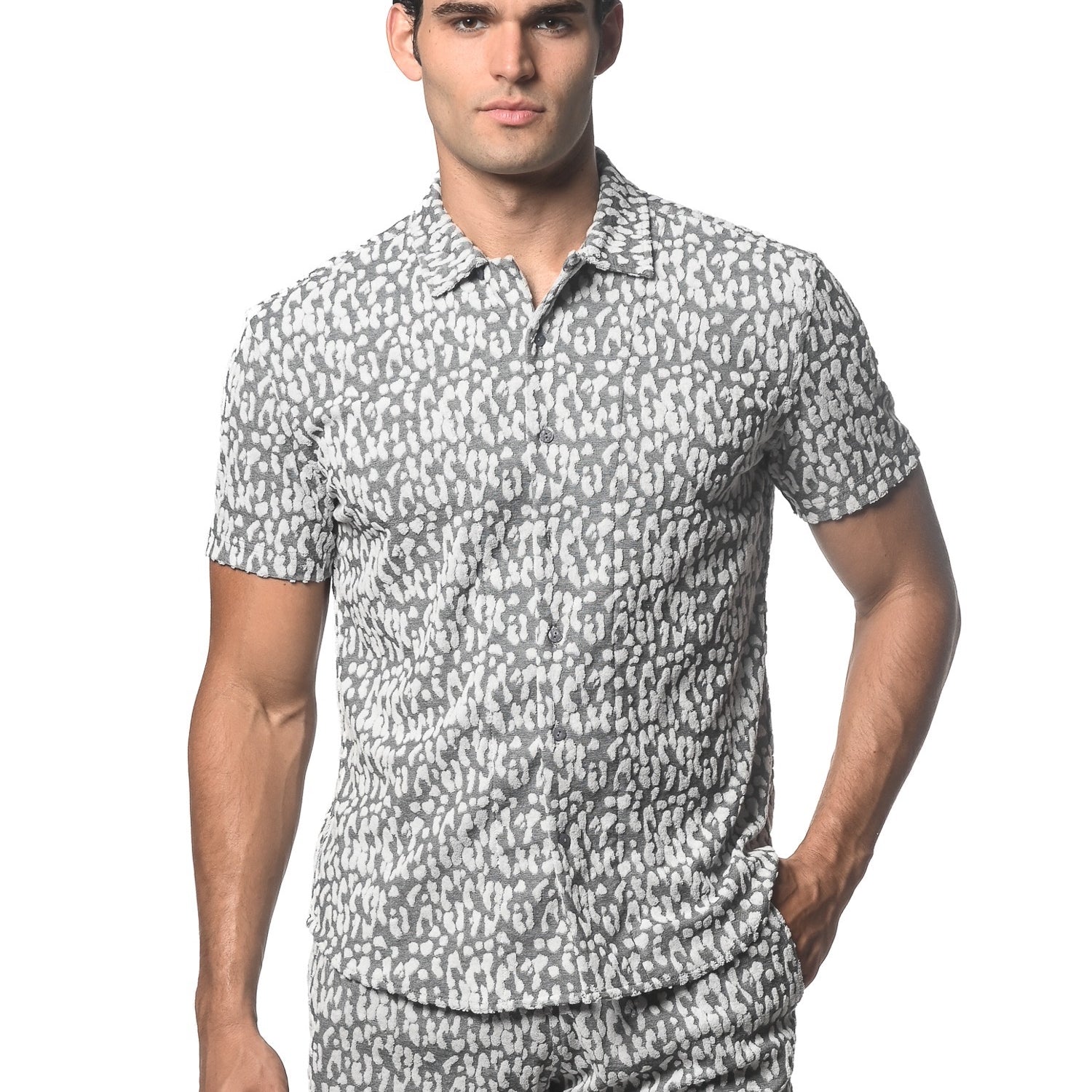 GREY PEBBLES EMBOSSED LOOP TERRY KNIT SHORT SLEEVE SHIRT ST-48050