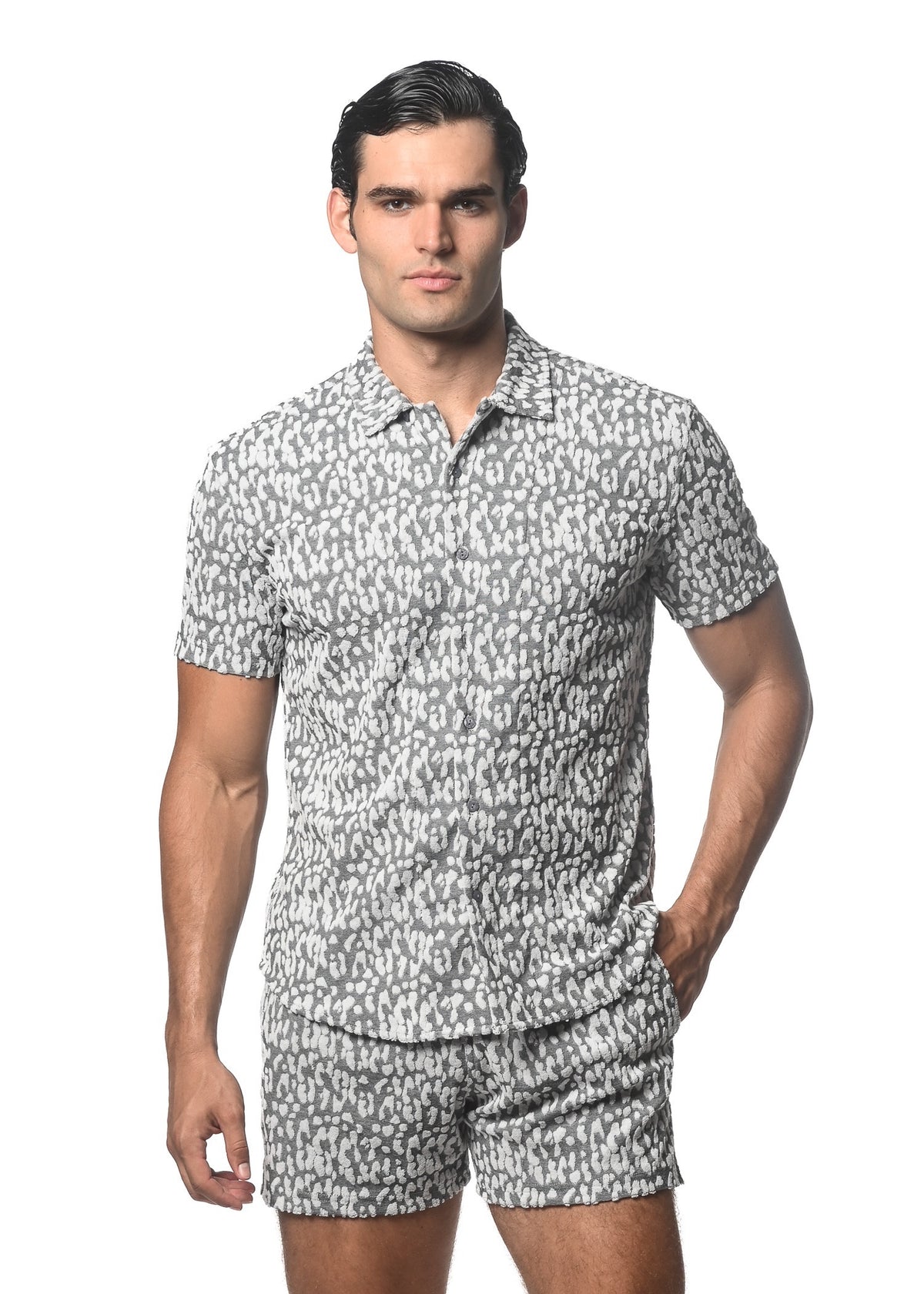 GREY PEBBLES EMBOSSED LOOP TERRY KNIT SHORT SLEEVE SHIRT ST-48050