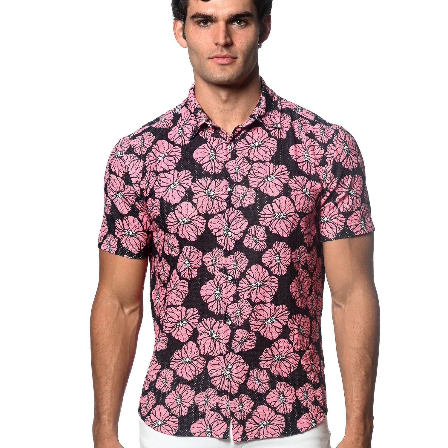 PINK/ BLACK FLORAL PRINTED OPEN KNIT STRETCH SHORT SLEEVE SHIRT ST-48056