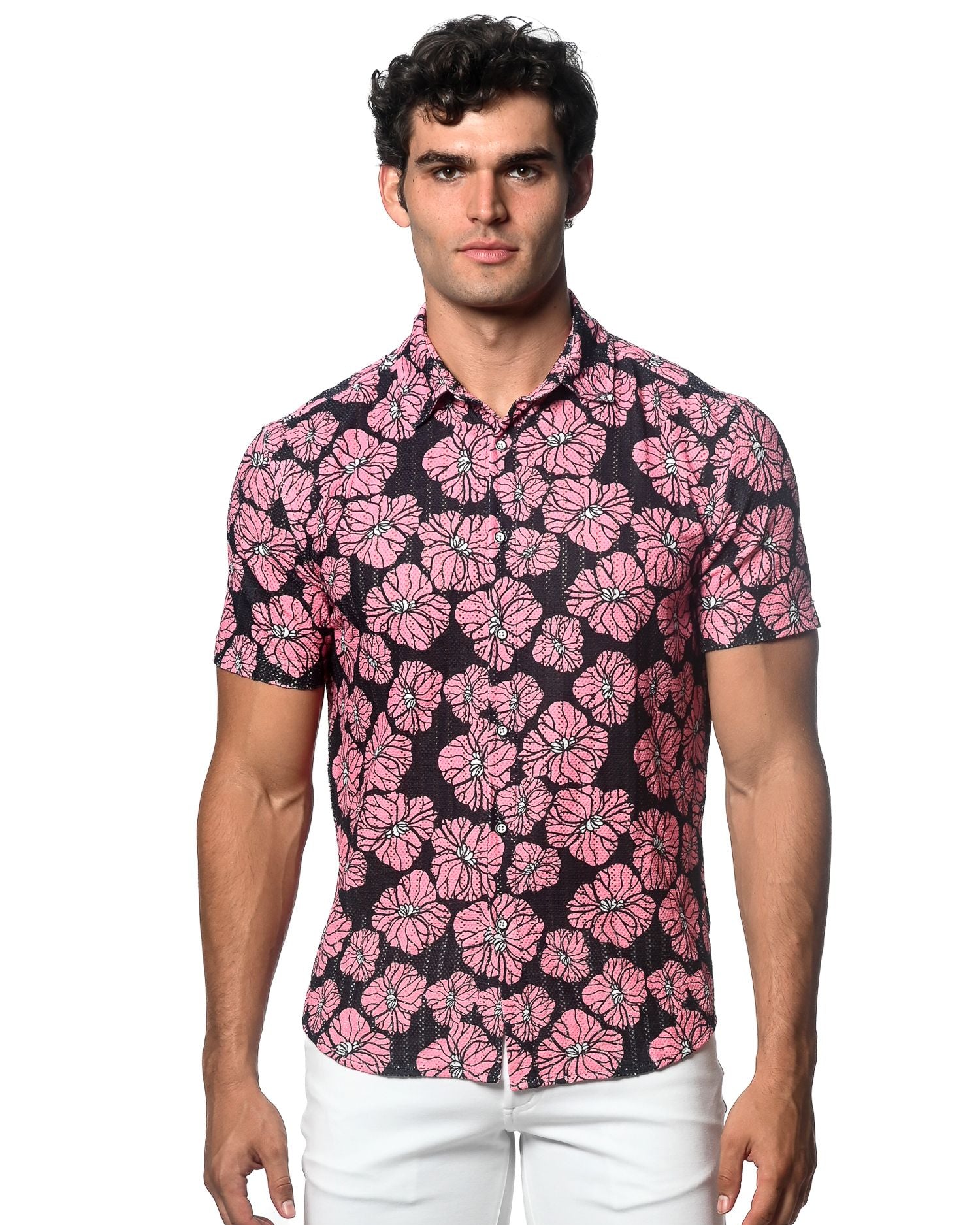 PINK/ BLACK FLORAL PRINTED OPEN KNIT STRETCH SHORT SLEEVE SHIRT ST-48056