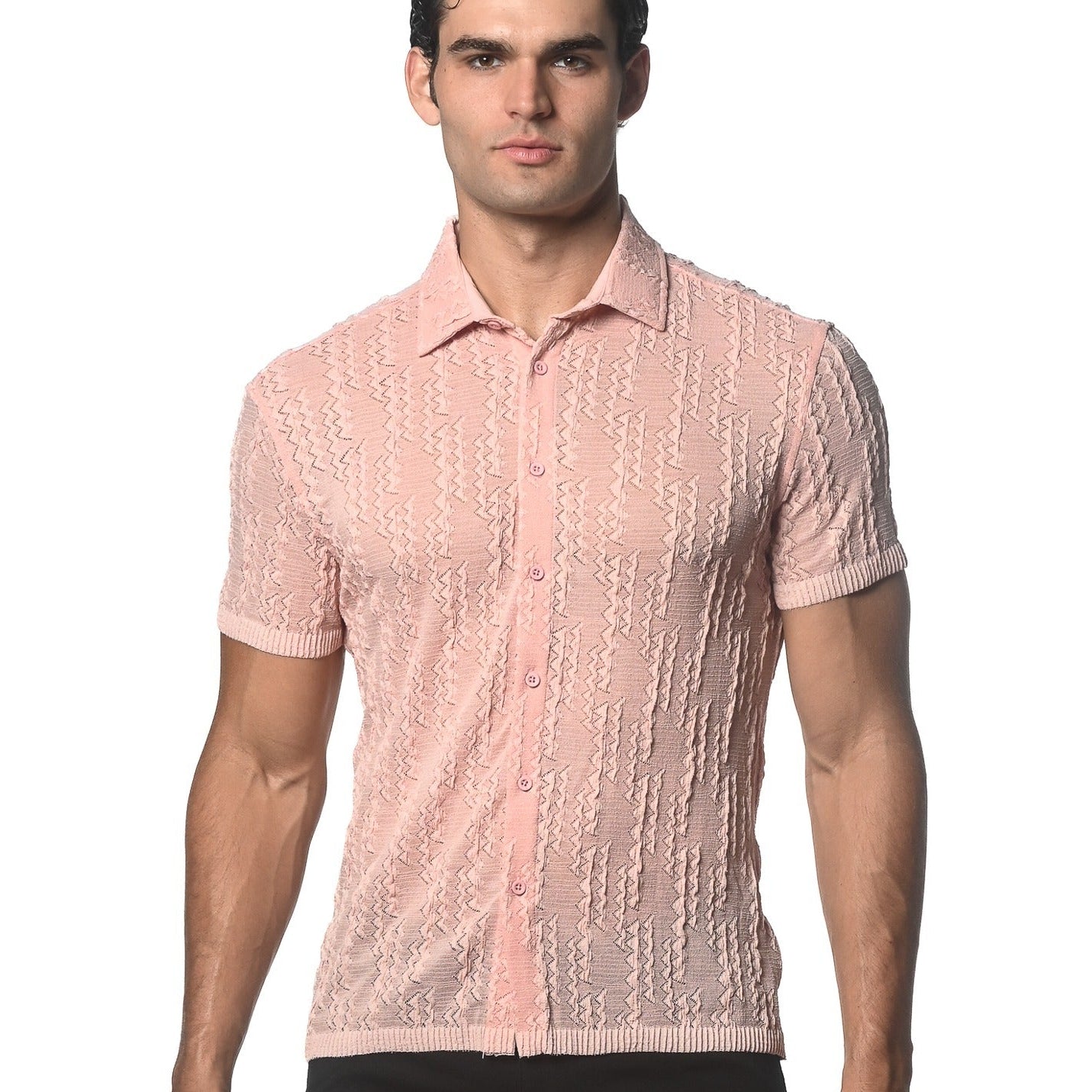 PINK DASH CHEVRON  GOSSAMER STRETCH KNIT SHORT SLEEVE SHIRT ST-24040