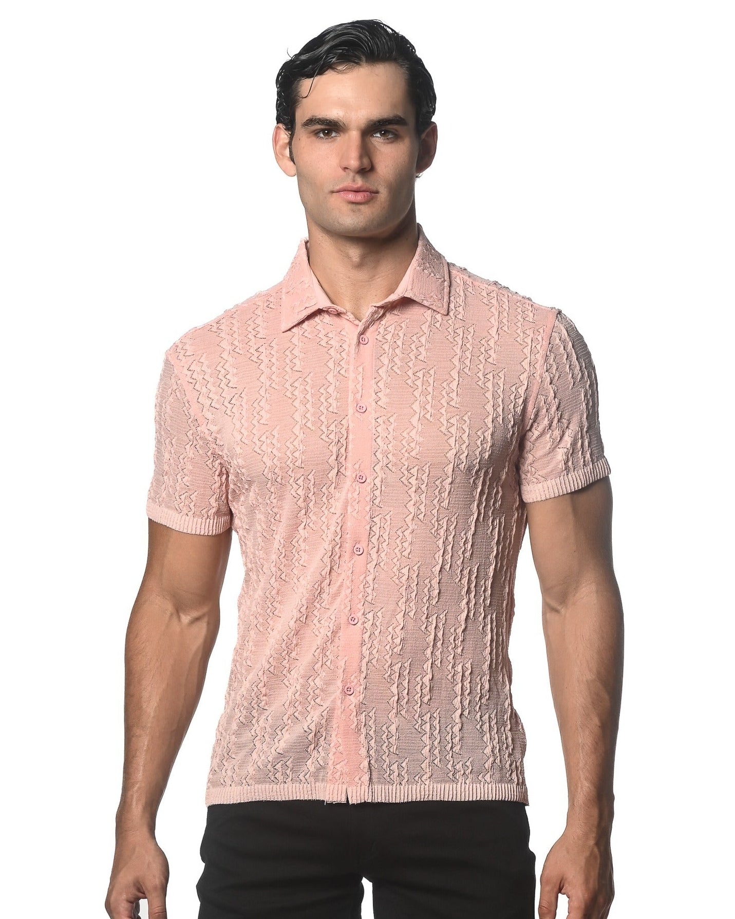 PINK DASH CHEVRON  GOSSAMER STRETCH KNIT SHORT SLEEVE SHIRT ST-24040