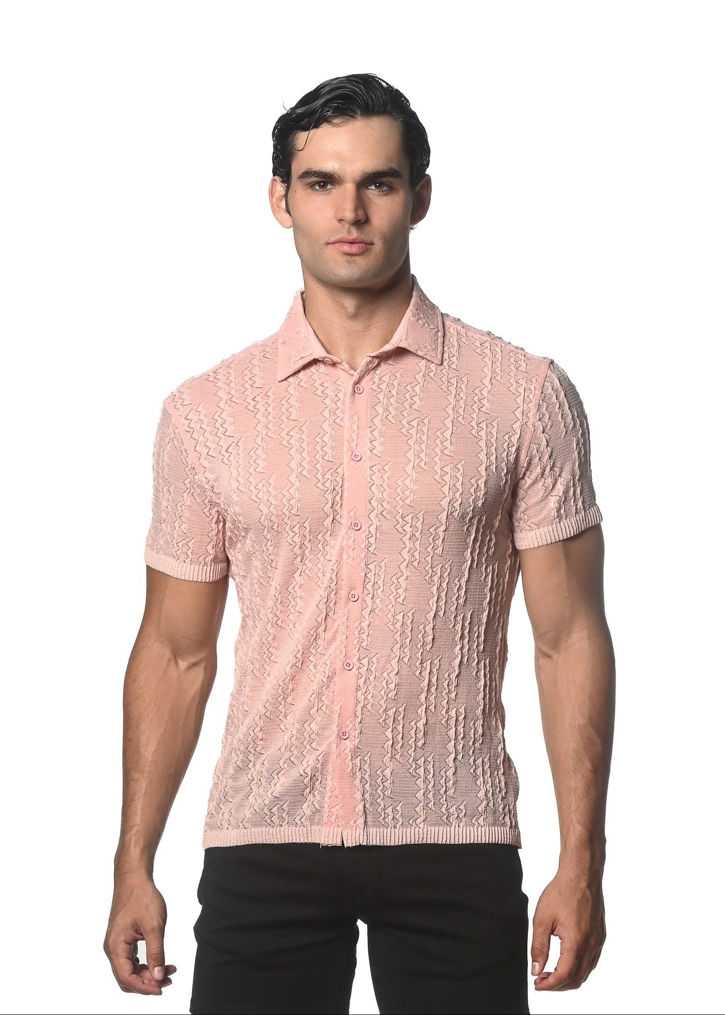 PINK DASH CHEVRON  GOSSAMER STRETCH KNIT SHORT SLEEVE SHIRT ST-24040