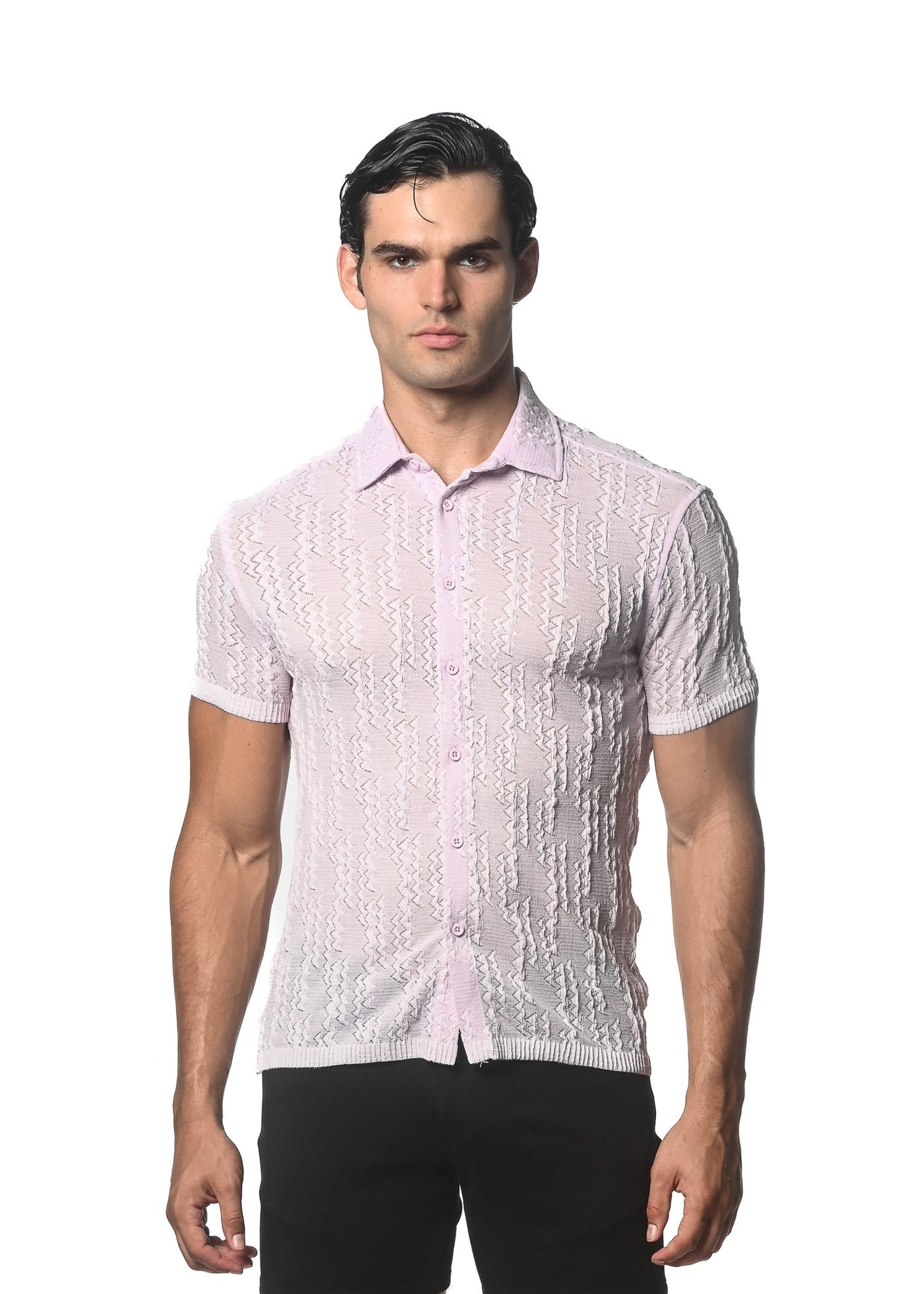 ORCHID DASH CHEVRON GOSSAMER STRETCH KNIT SHORT SLEEVE SHIRT