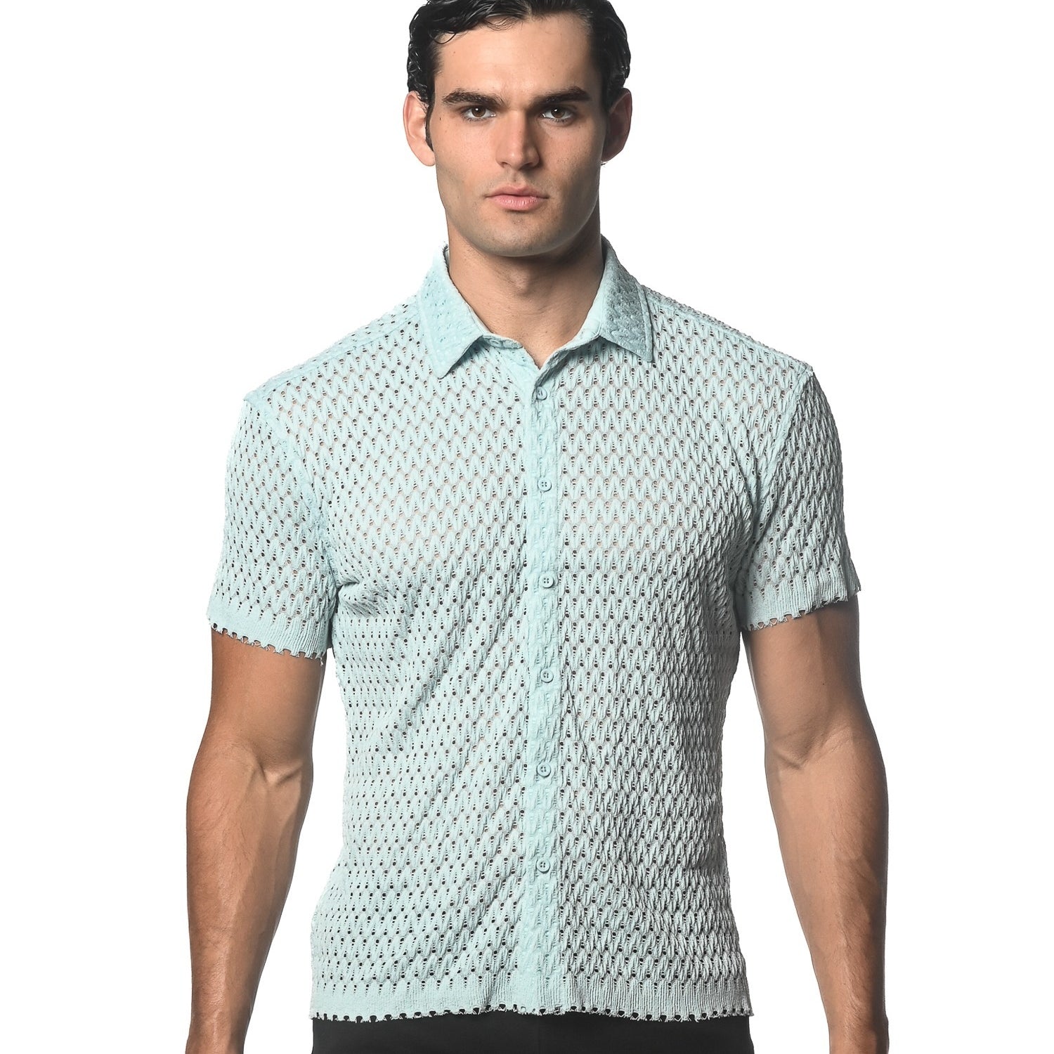 BABY BLUE WAVE MESH GOSSAMER STRETCH KNIT SHORT SLEEVE SHIRT ST-24042