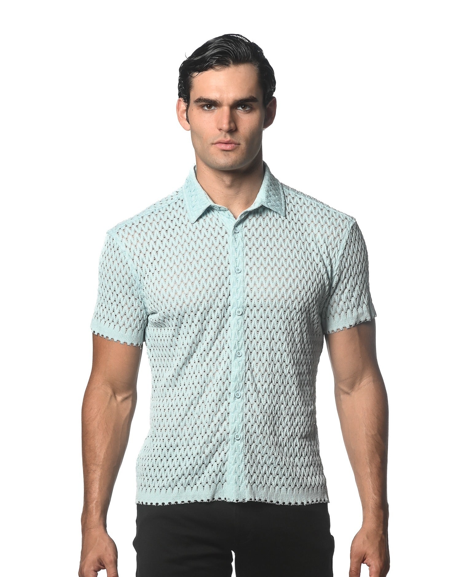 BABY BLUE WAVE MESH GOSSAMER STRETCH KNIT SHORT SLEEVE SHIRT ST-24042