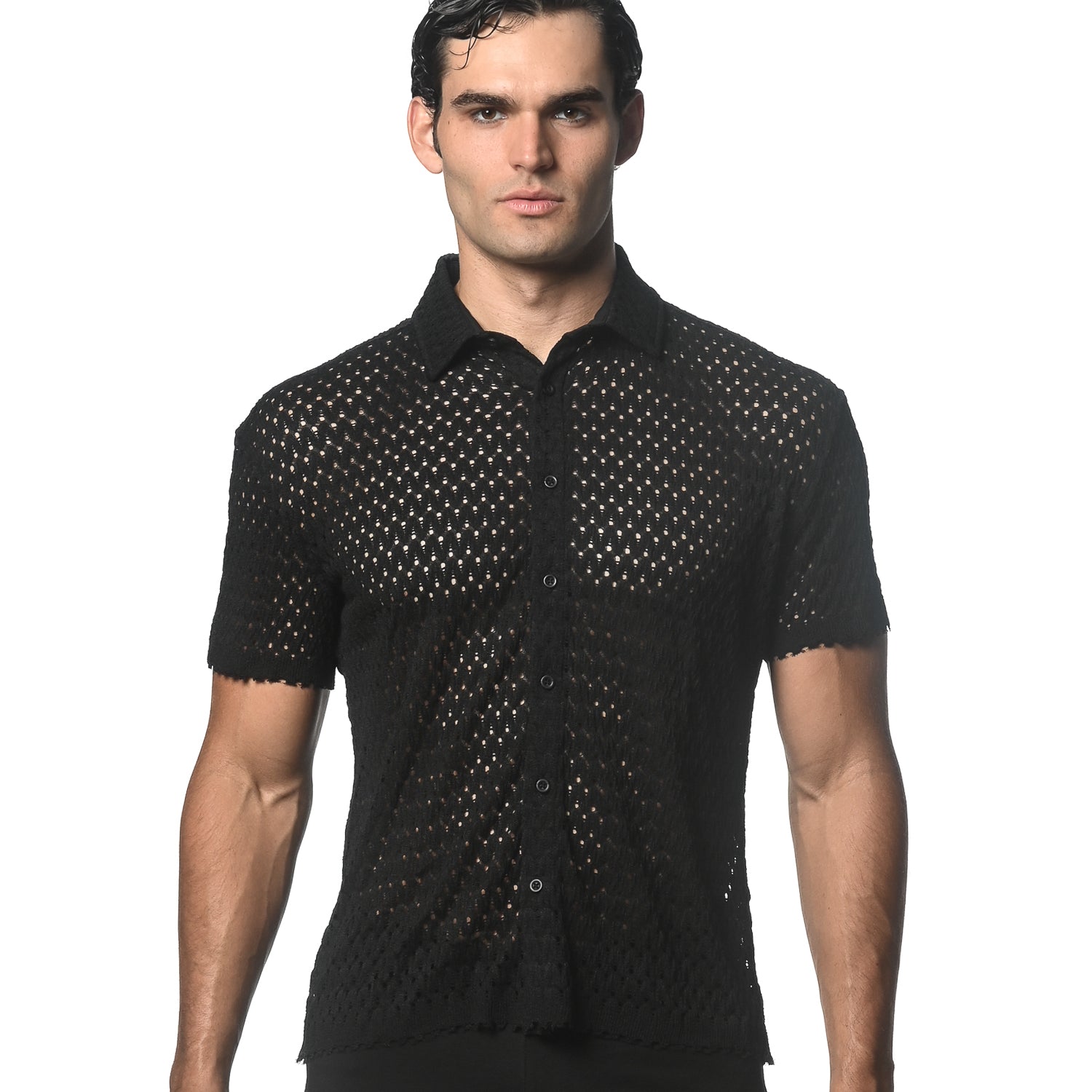 BLACK WAVE MESH GOSSAMER STRETCH KNIT SHORT SLEEVE SHIRT ST-24042