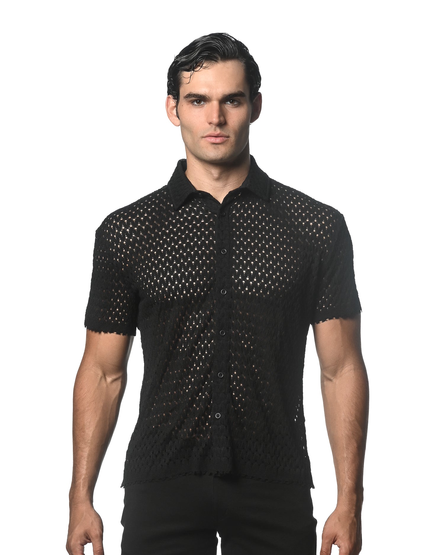 BLACK WAVE MESH GOSSAMER STRETCH KNIT SHORT SLEEVE SHIRT ST-24042