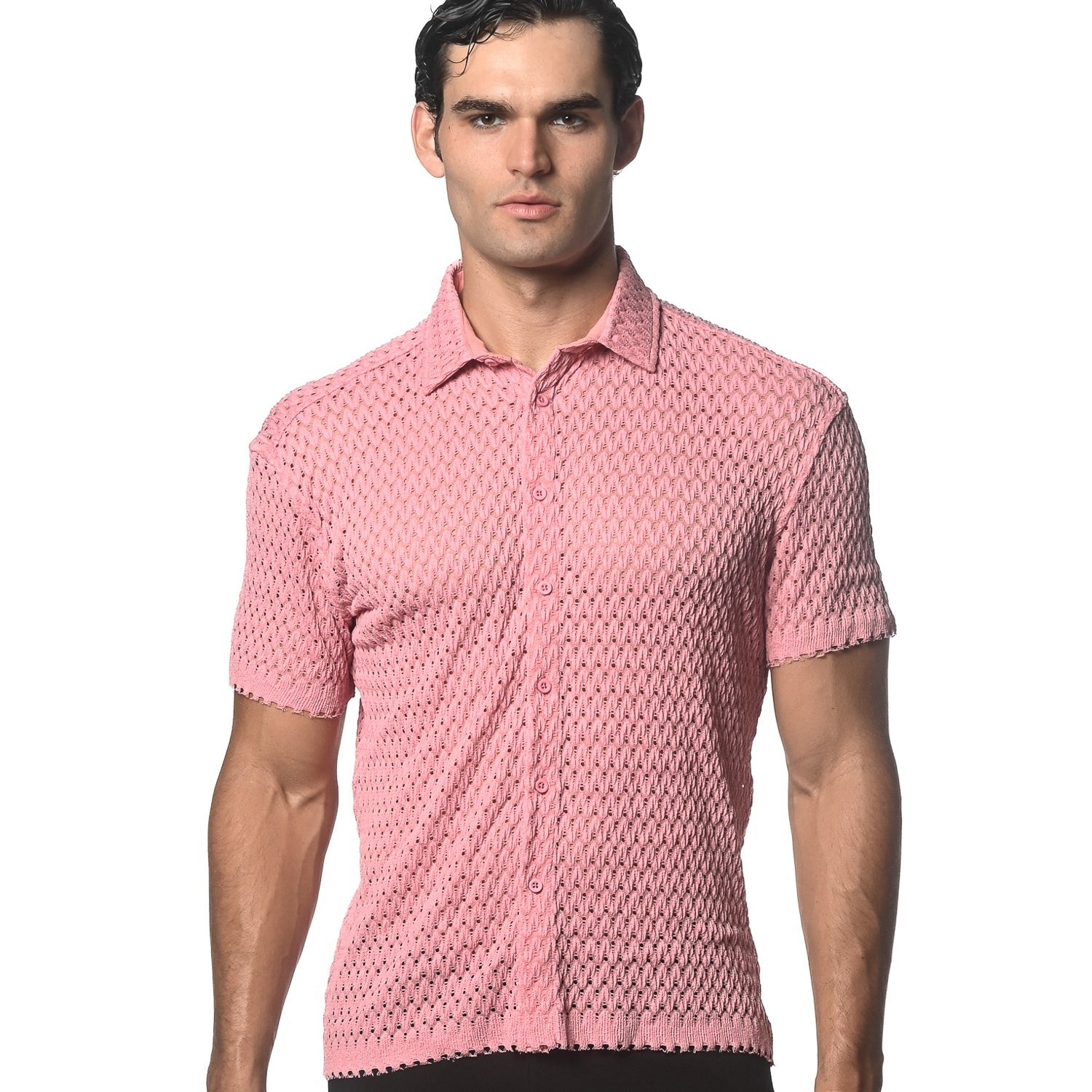 BUBBLE GUM WAVE MESH GOSSAMER STRETCH KNIT SHORT SLEEVE SHIRT ST-24042