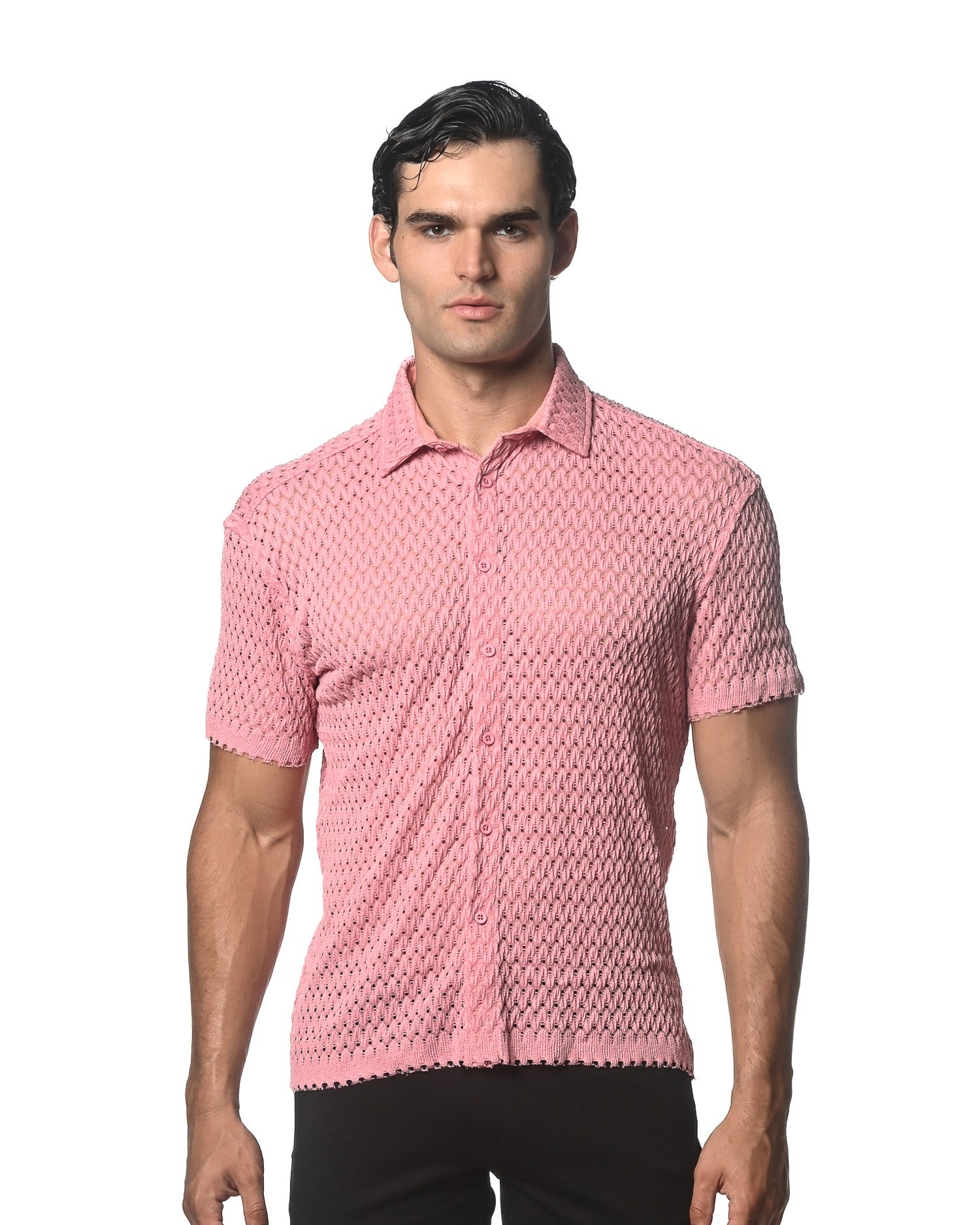 BUBBLE GUM WAVE MESH GOSSAMER STRETCH KNIT SHORT SLEEVE SHIRT ST-24042