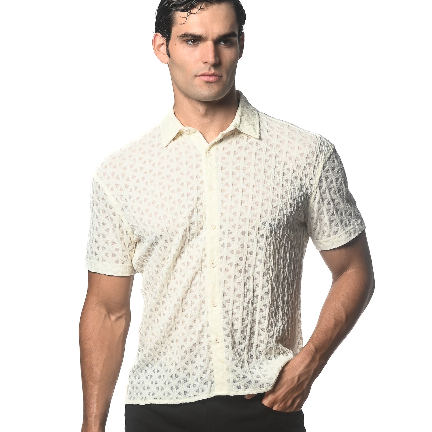 ECRU ARROWS GOSSAMER STRETCH KNIT SHORT SLEEVE SHIRT ST-24044