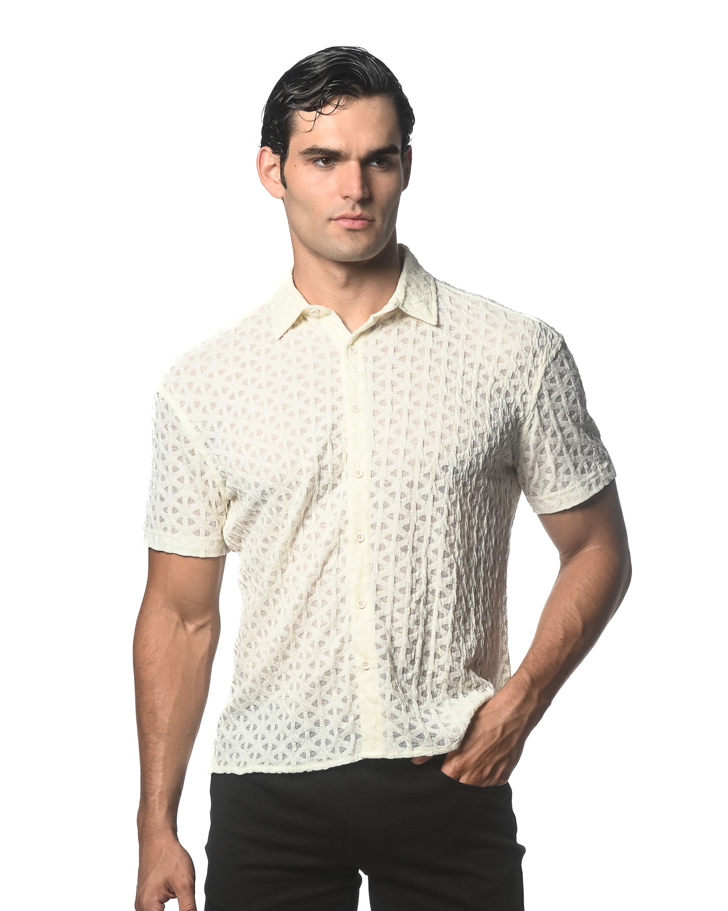 ECRU ARROWS GOSSAMER STRETCH KNIT SHORT SLEEVE SHIRT ST-24044