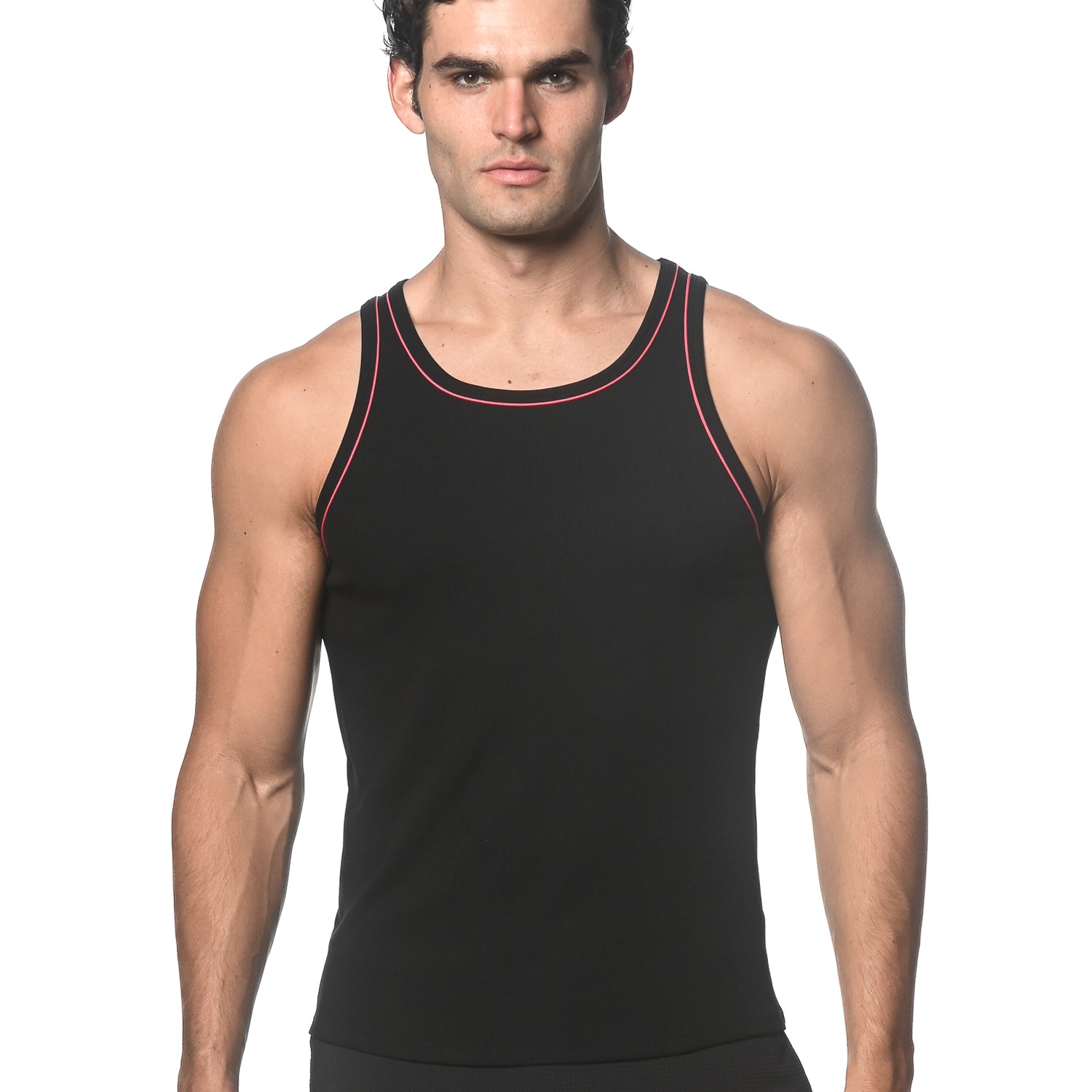 BLACK/CORAL COTTON/TENCEL RIB TANK TOP W/CONTRAST PIPING STA-16009