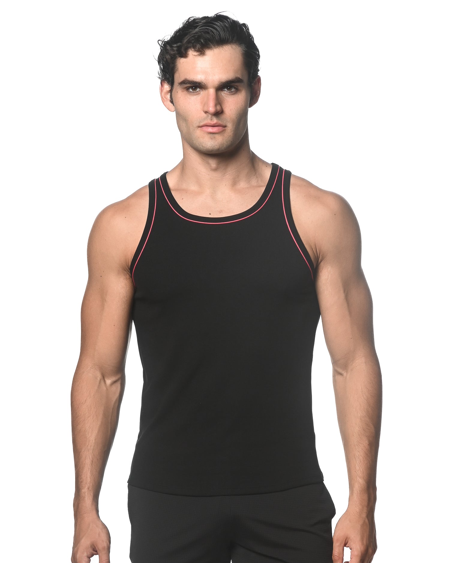 BLACK/CORAL COTTON/TENCEL RIB TANK TOP W/CONTRAST PIPING STA-16009