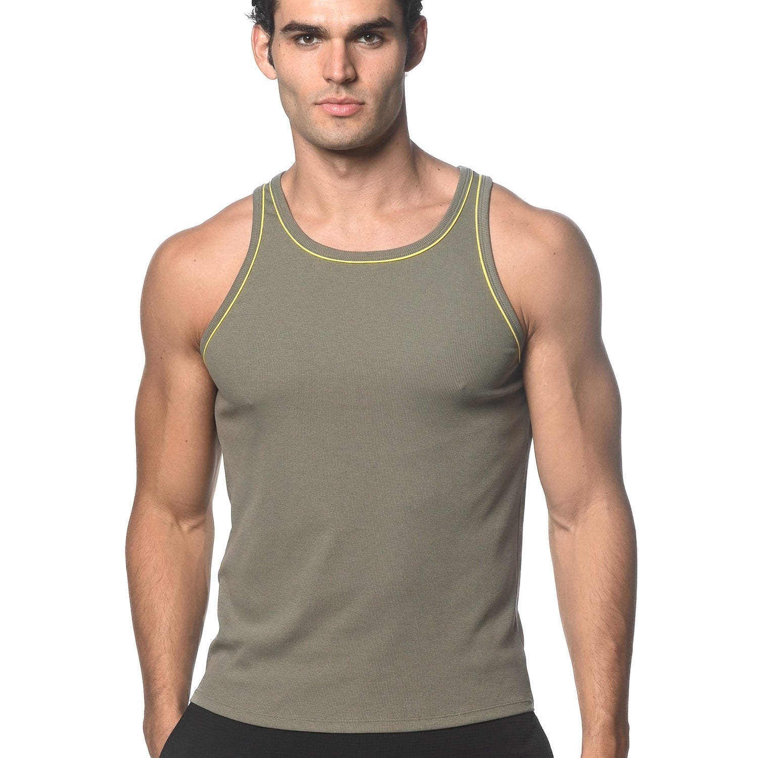 KELP/YELLOW COTTON/TENCEL RIB TANK TOP W/CONTRAST PIPING STA-16009