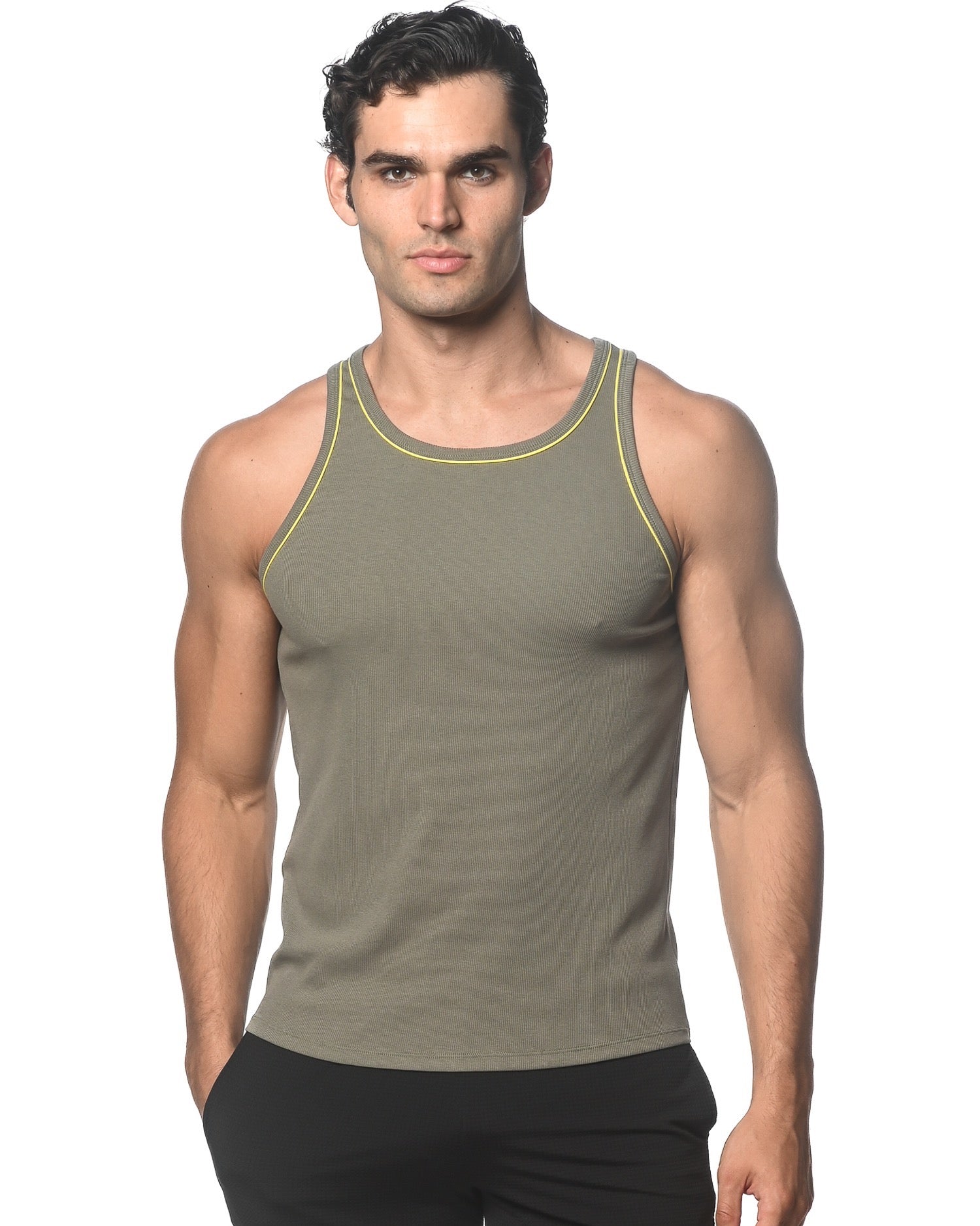 KELP/YELLOW COTTON/TENCEL RIB TANK TOP W/CONTRAST PIPING STA-16009
