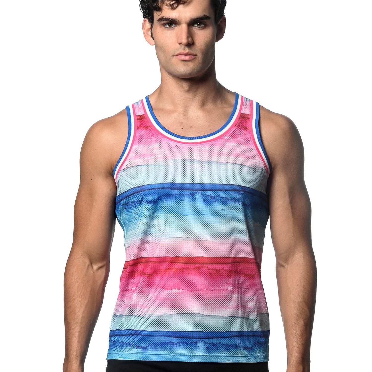 FUCHSIA/COBALT STRIPES PRINTED STRETCH MESH SINGLET ST-11097