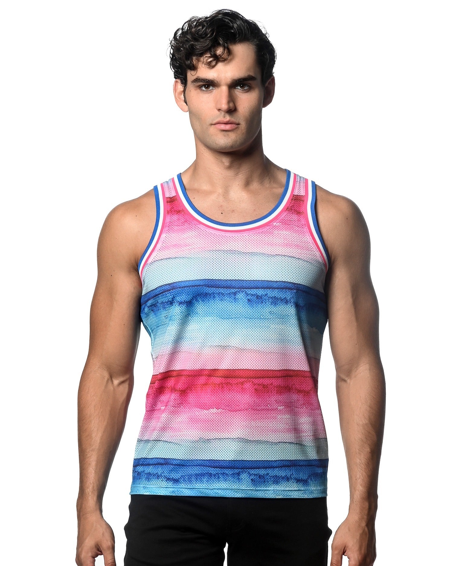 FUCHSIA/COBALT STRIPES PRINTED STRETCH MESH SINGLET ST-11097