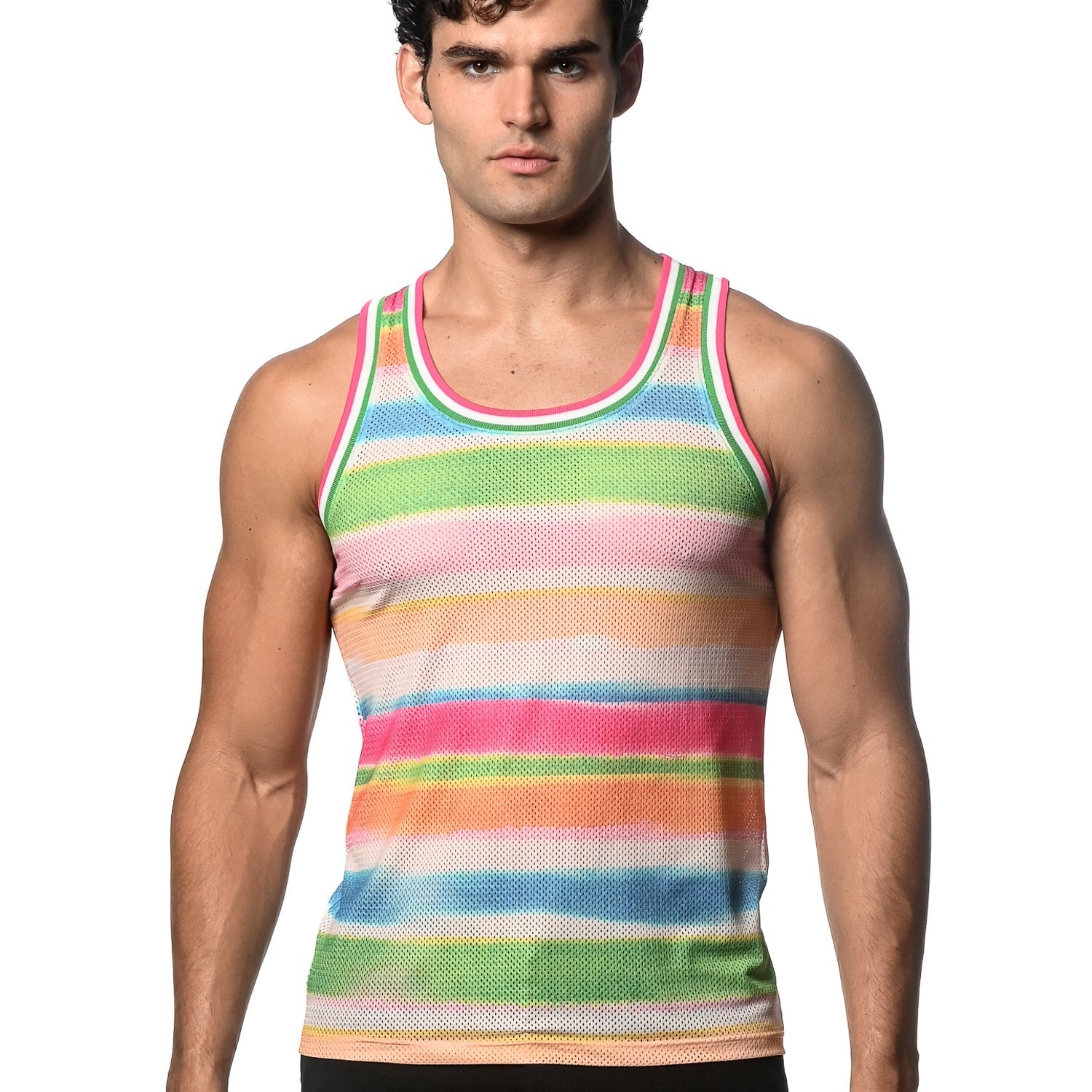 GREEN/CANDY STRIPES PRINTED STRETCH MESH SINGLET ST-11099