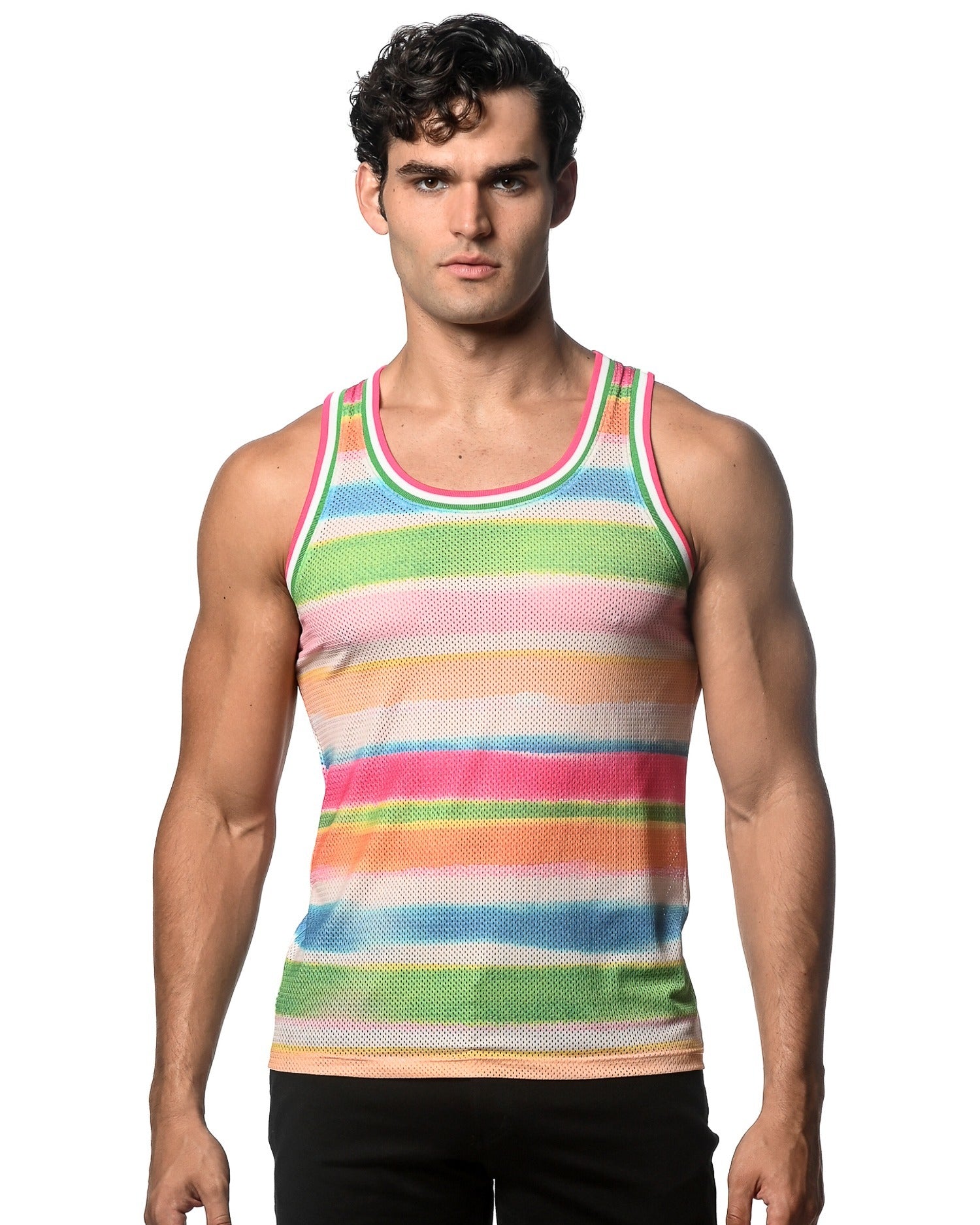 GREEN/CANDY STRIPES PRINTED STRETCH MESH SINGLET ST-11099