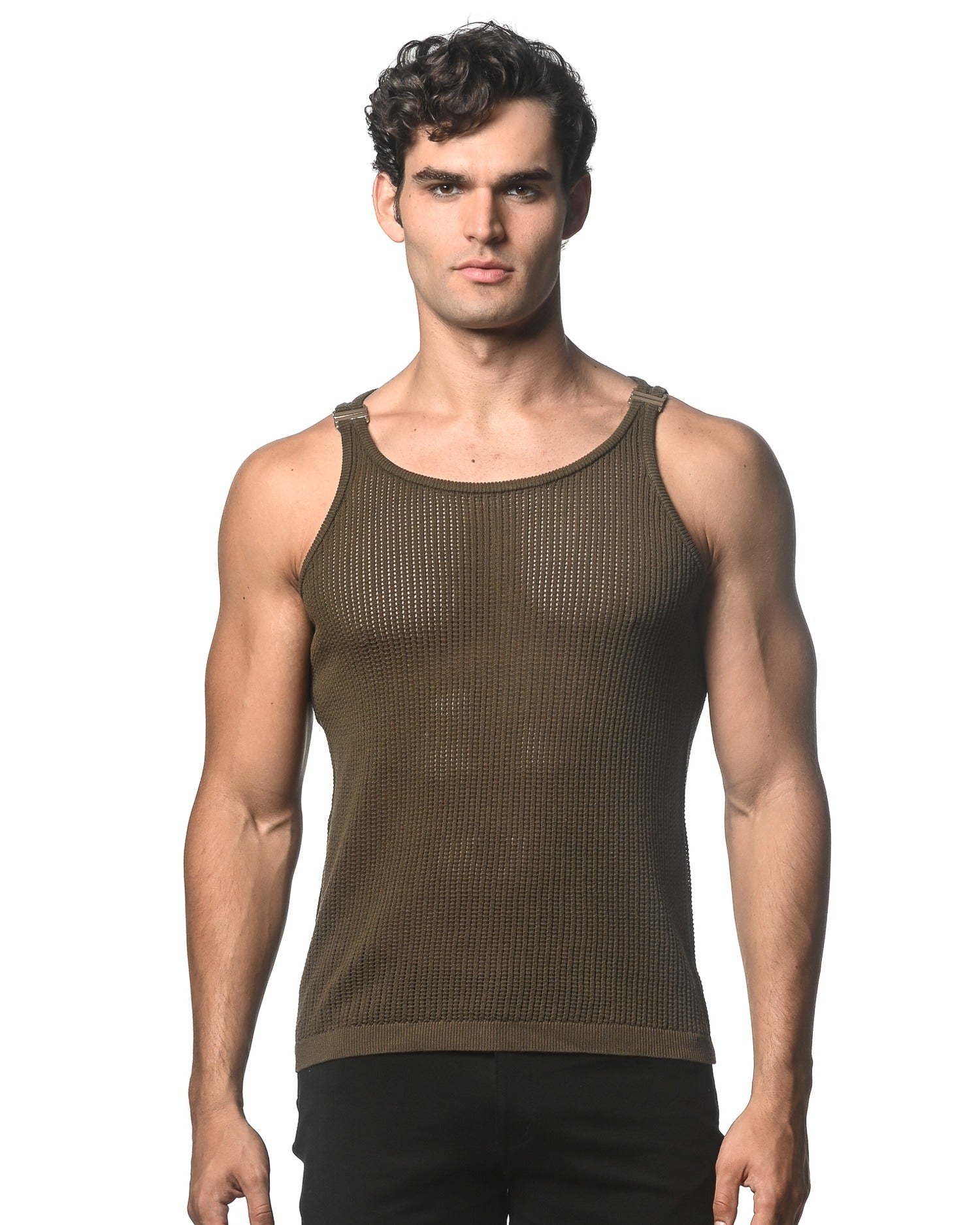 ARMY TEXTURED OPEN MESH KNITTED TANK WITH METAL CLIPS ST-24033
