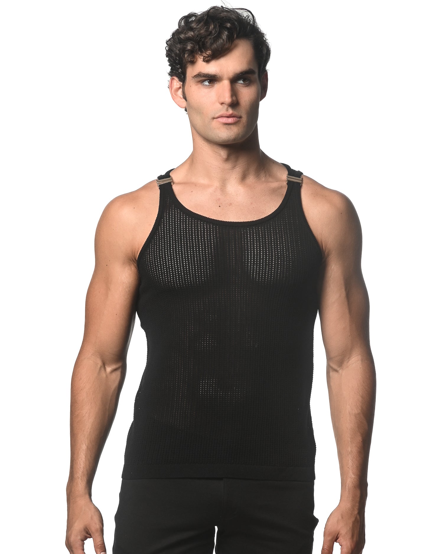 BLACK TEXTURED OPEN MESH KNITTED TANK WITH METAL CLIPS ST-24033