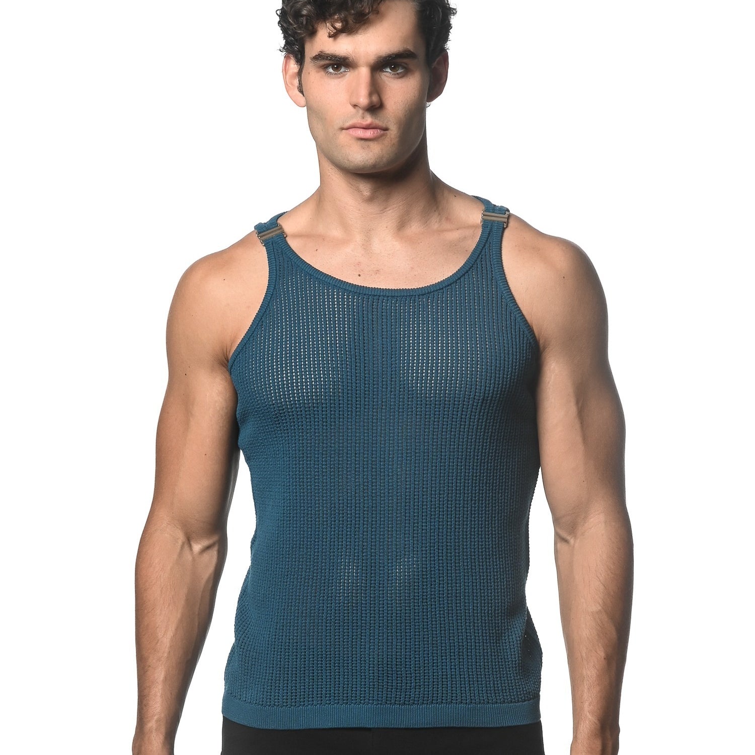 TURQUOISE TEXTURED OPEN MESH KNITTED TANK WITH METAL CLIPS ST-24033