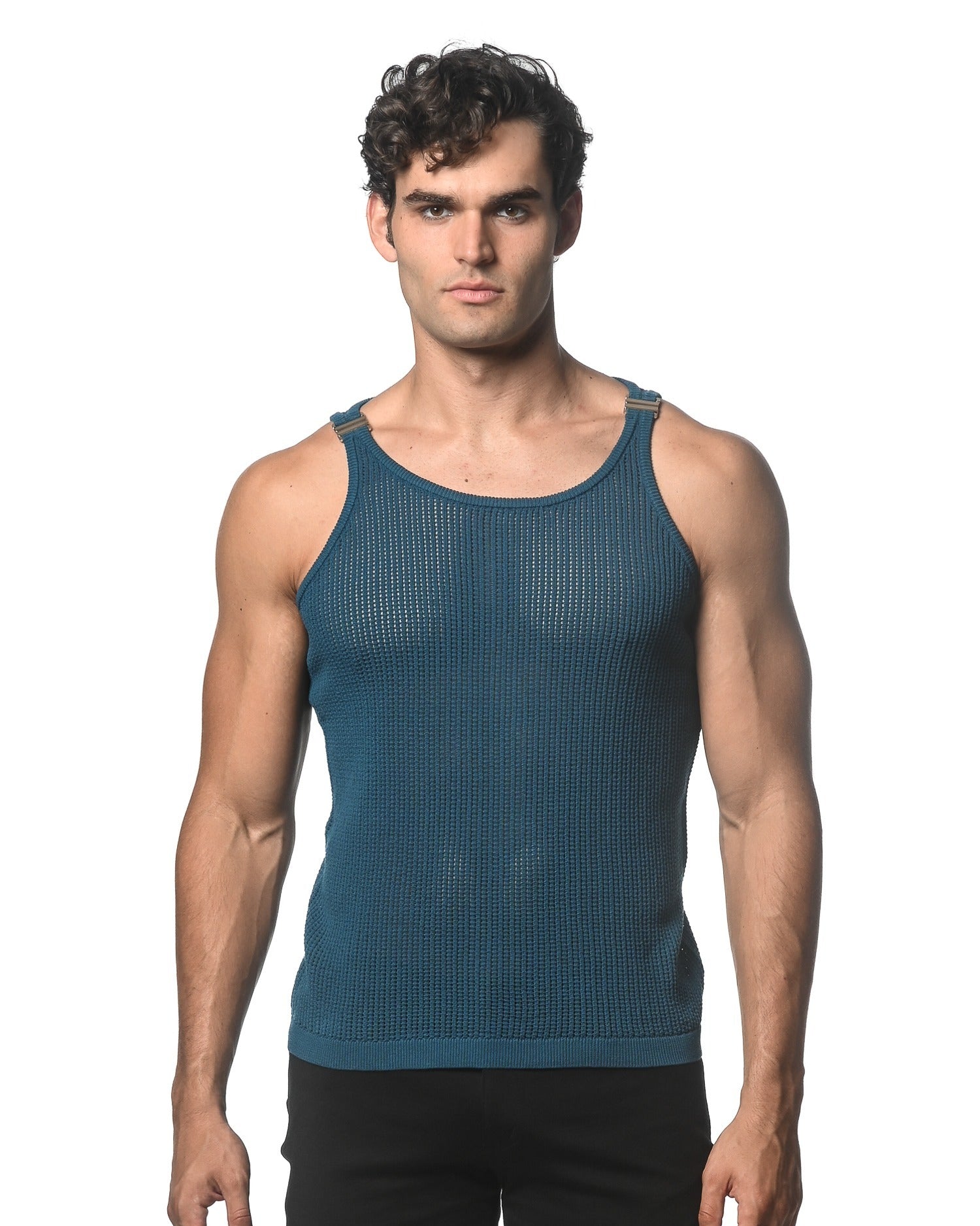 TURQUOISE TEXTURED OPEN MESH KNITTED TANK WITH METAL CLIPS ST-24033