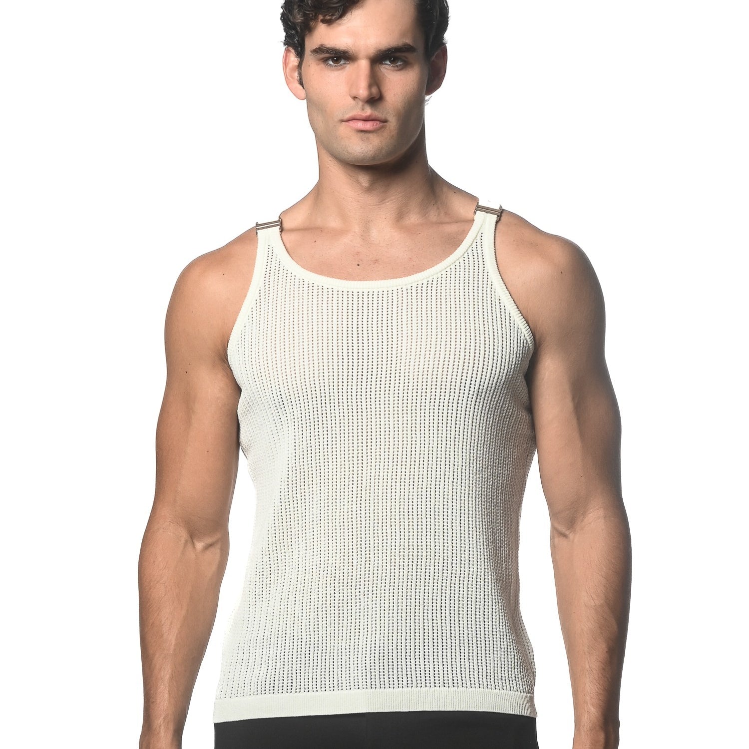 MILKY TEXTURED OPEN MESH KNITTED TANK WITH METAL CLIPS ST-24033