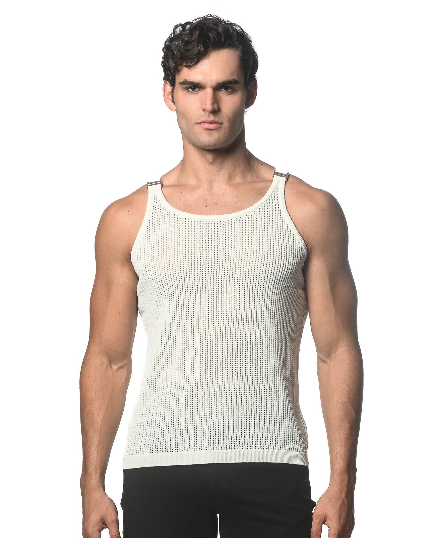 MILKY TEXTURED OPEN MESH KNITTED TANK WITH METAL CLIPS ST-24033