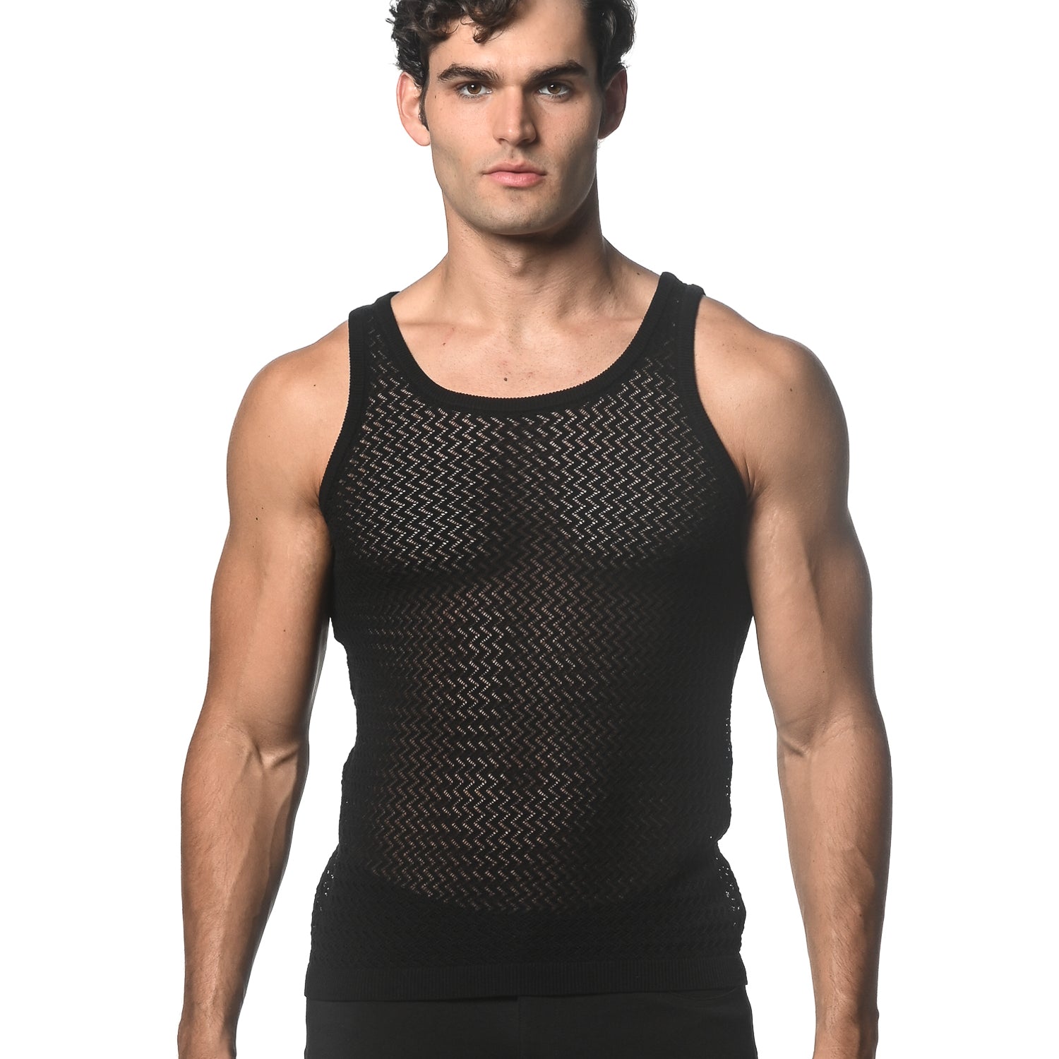 BLACK CHEVRON TEXTURED OPEN MESH KNITTED TANK ST-24034