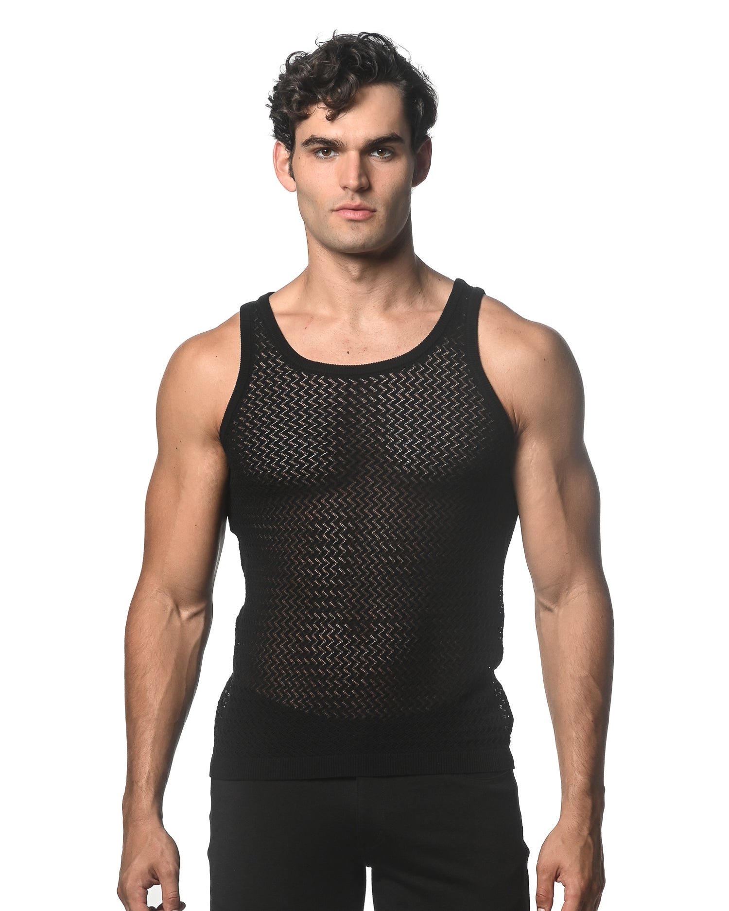 BLACK CHEVRON TEXTURED OPEN MESH KNITTED TANK ST-24034