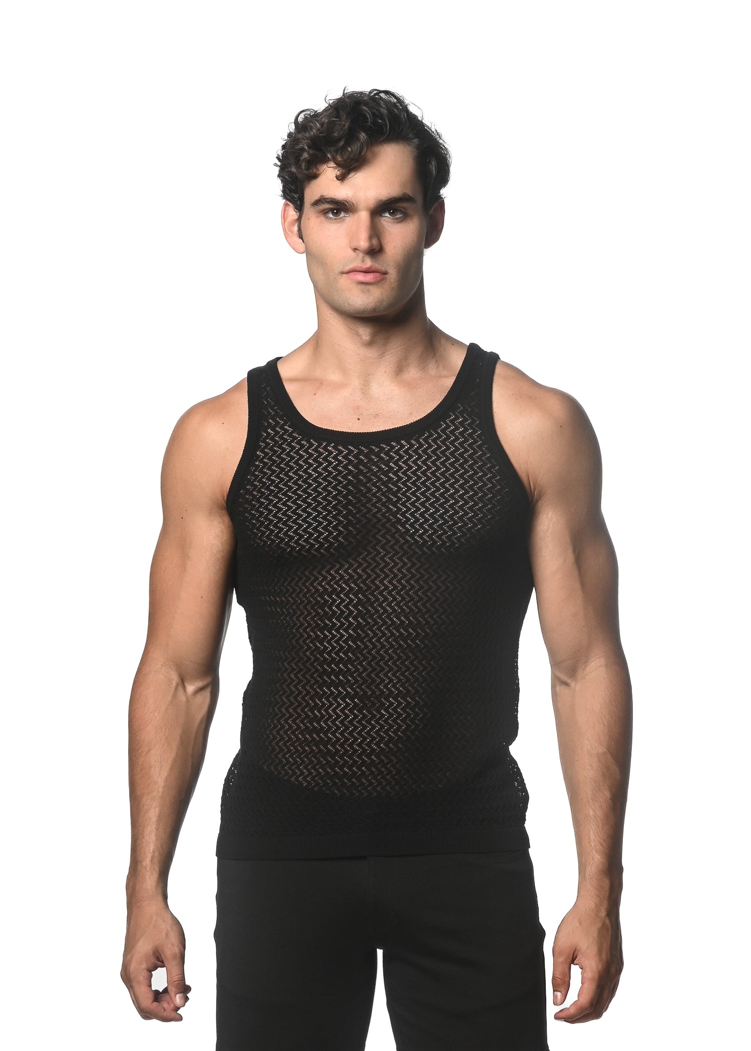 Poly Mesh Tank BLACK CHEVRON TEXTURED OPEN MESH KNITTED TANK ST-24034 – ST33LE