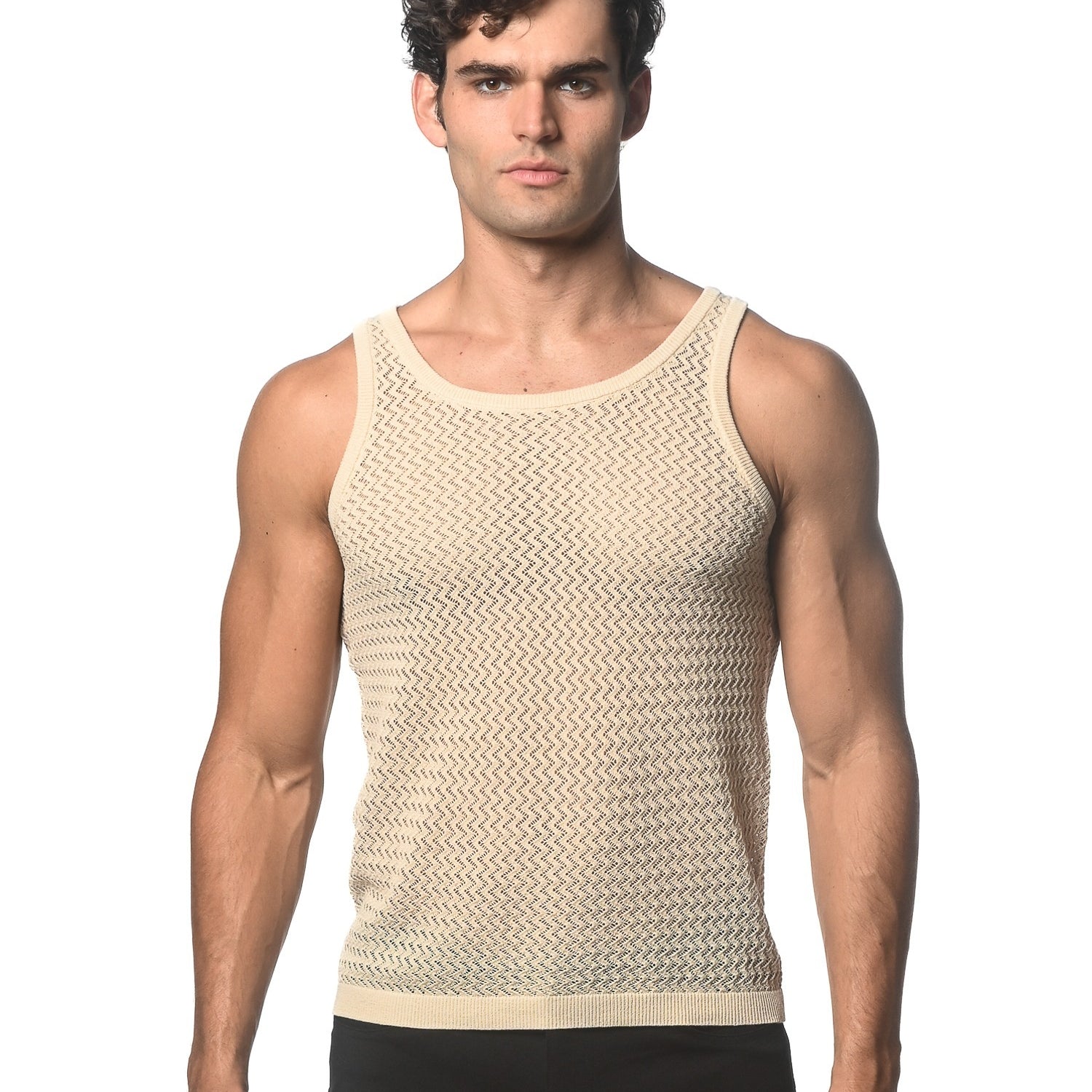 SAND CHEVRON TEXTURED OPEN MESH KNITTED TANK ST-24034