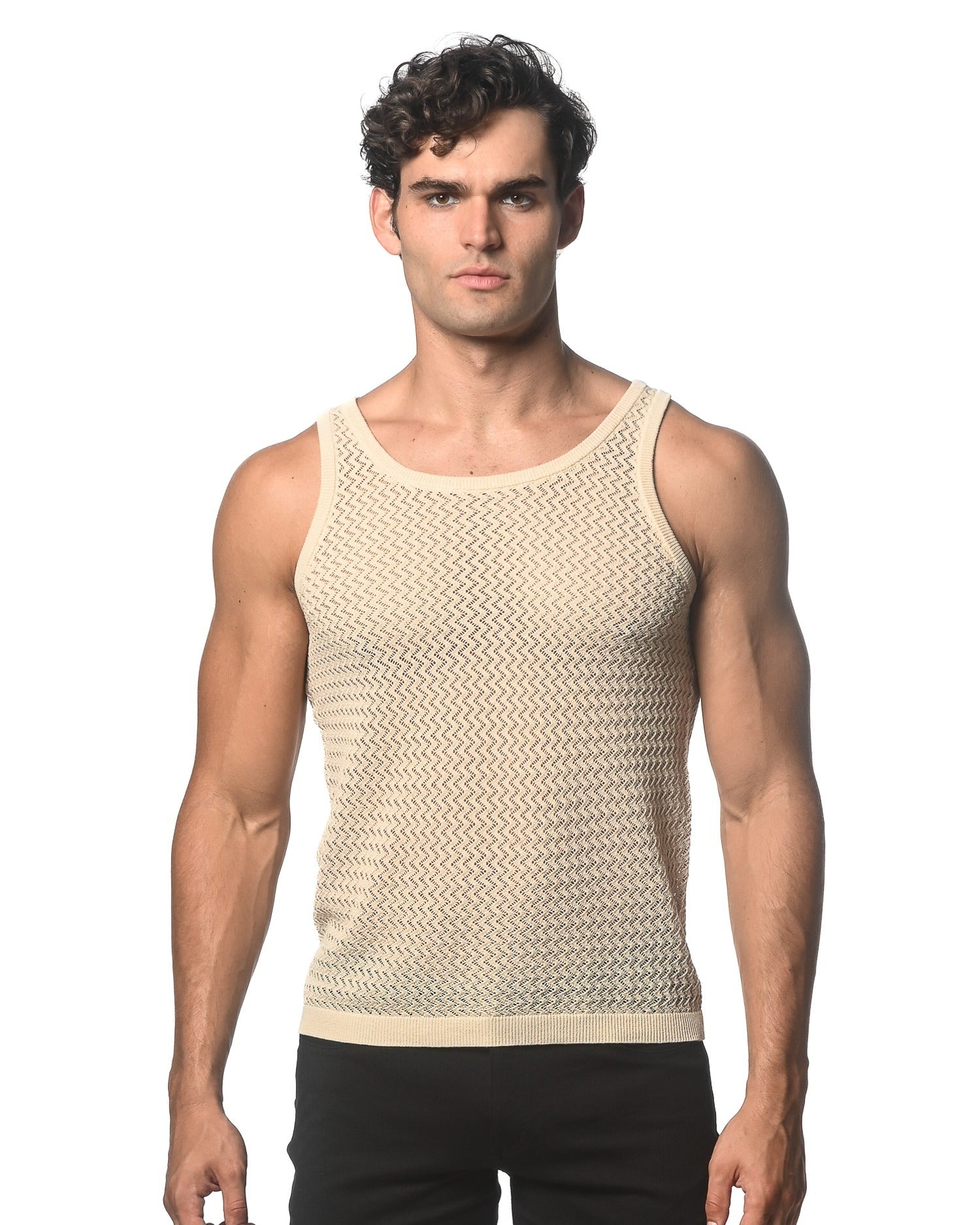 SAND CHEVRON TEXTURED OPEN MESH KNITTED TANK ST-24034