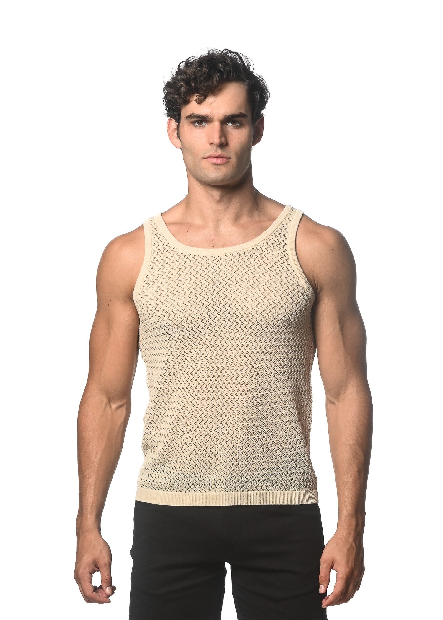 SAND CHEVRON TEXTURED OPEN MESH KNITTED TANK ST-24034