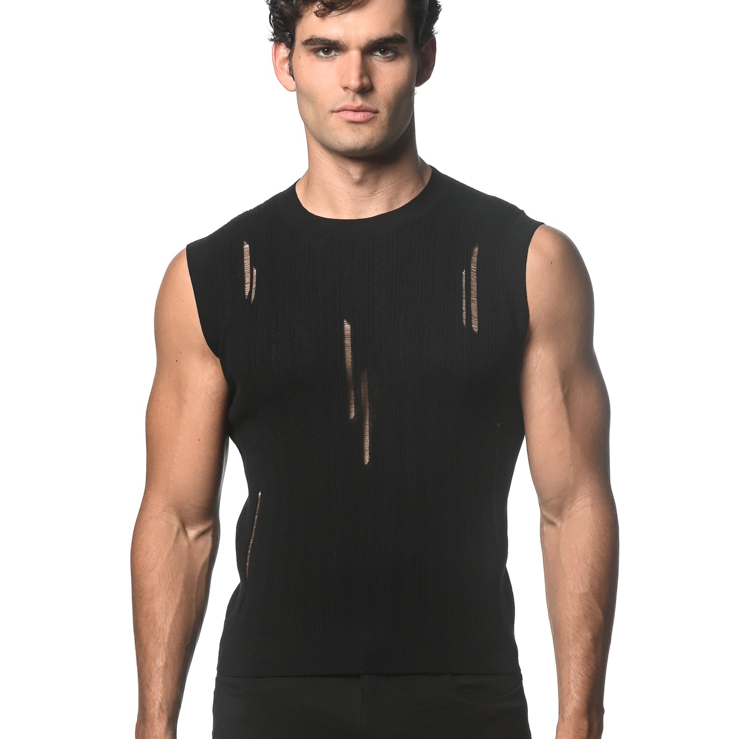 BLACK DISTRESSED TEXTURED KNITTED TANK ST-24038