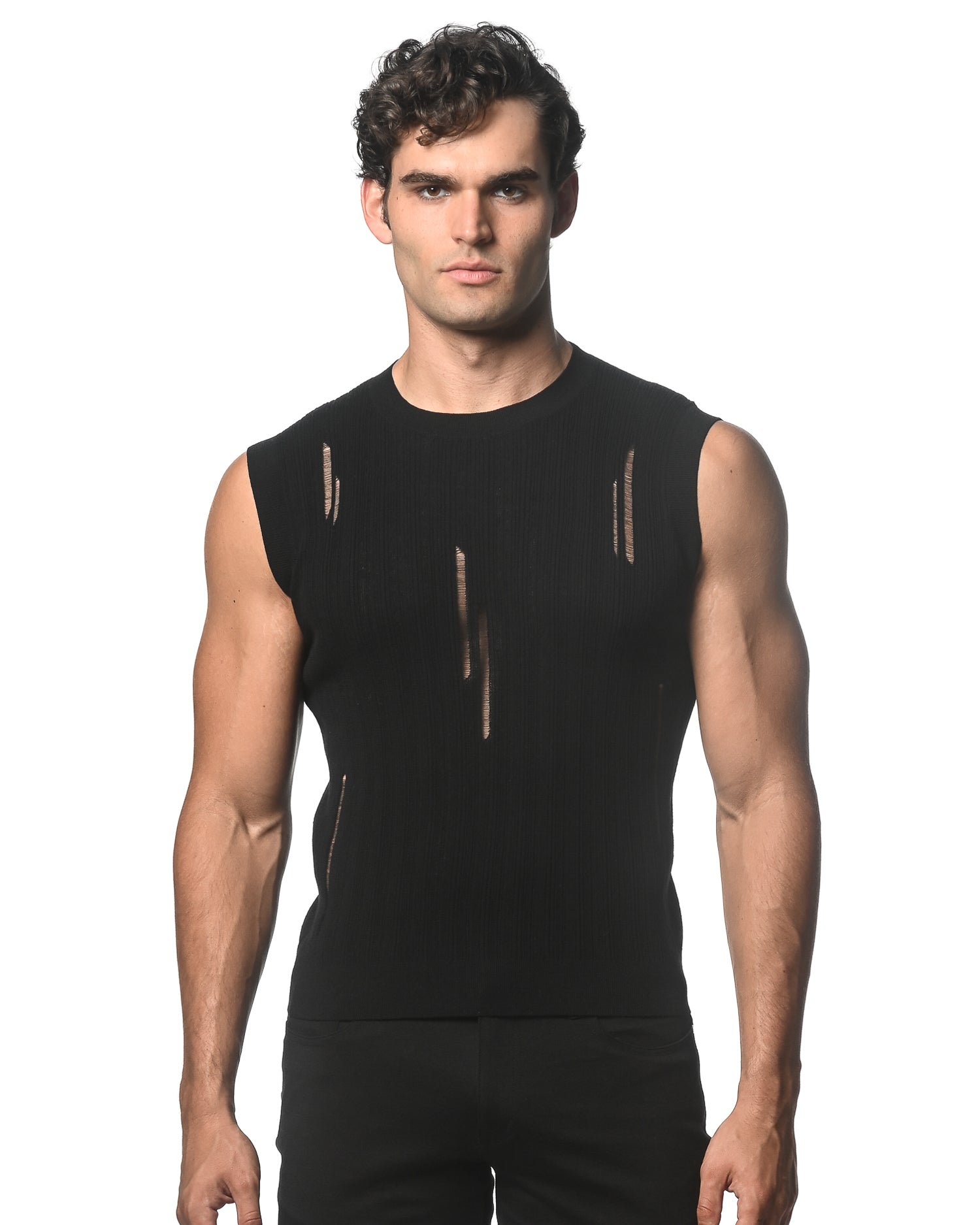 BLACK DISTRESSED TEXTURED KNITTED TANK ST-24038